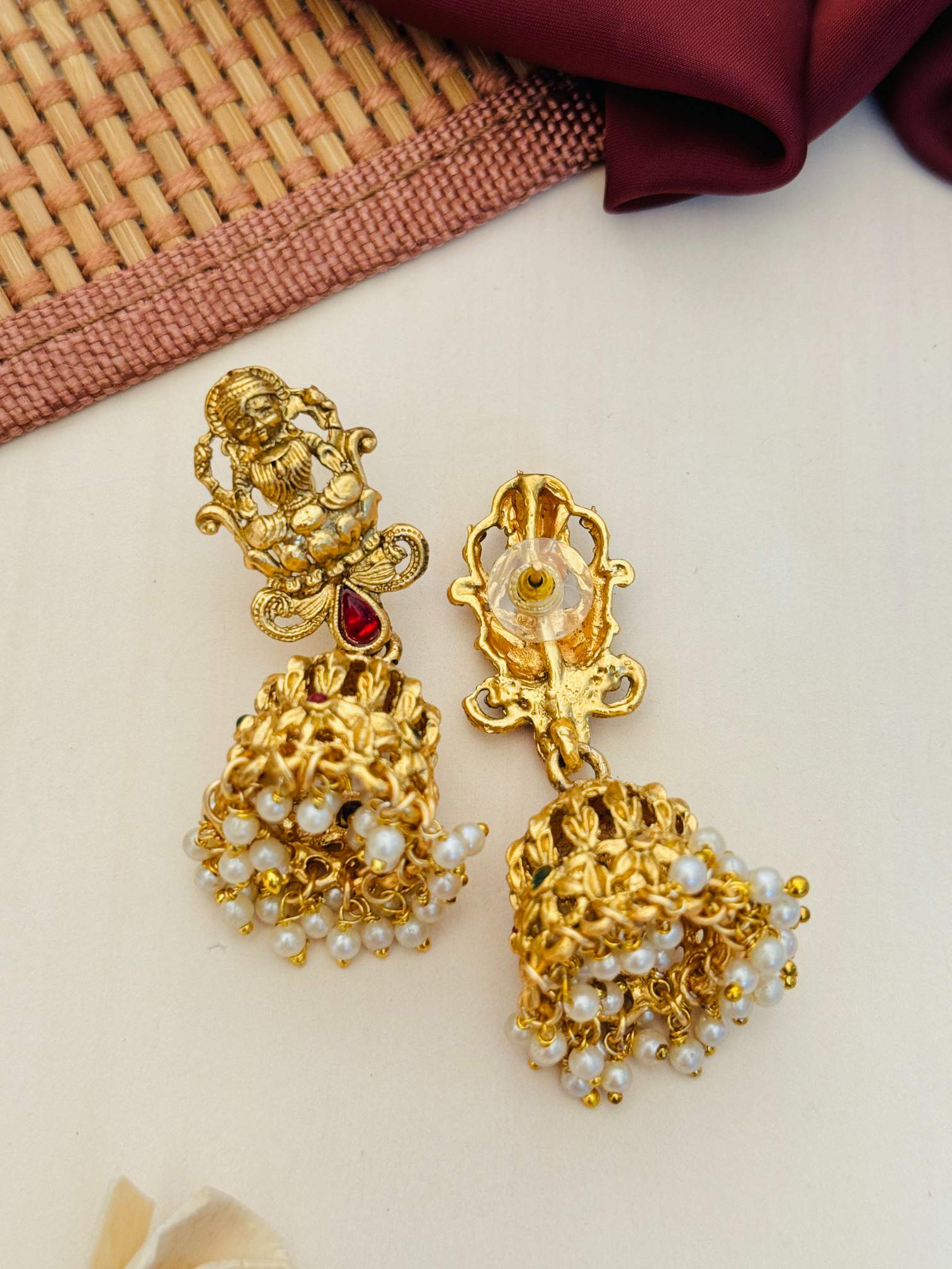 Antique Matt Gold Plated Temple Necklace Set featuring traditional intricate gold and pearl jhumka earrings