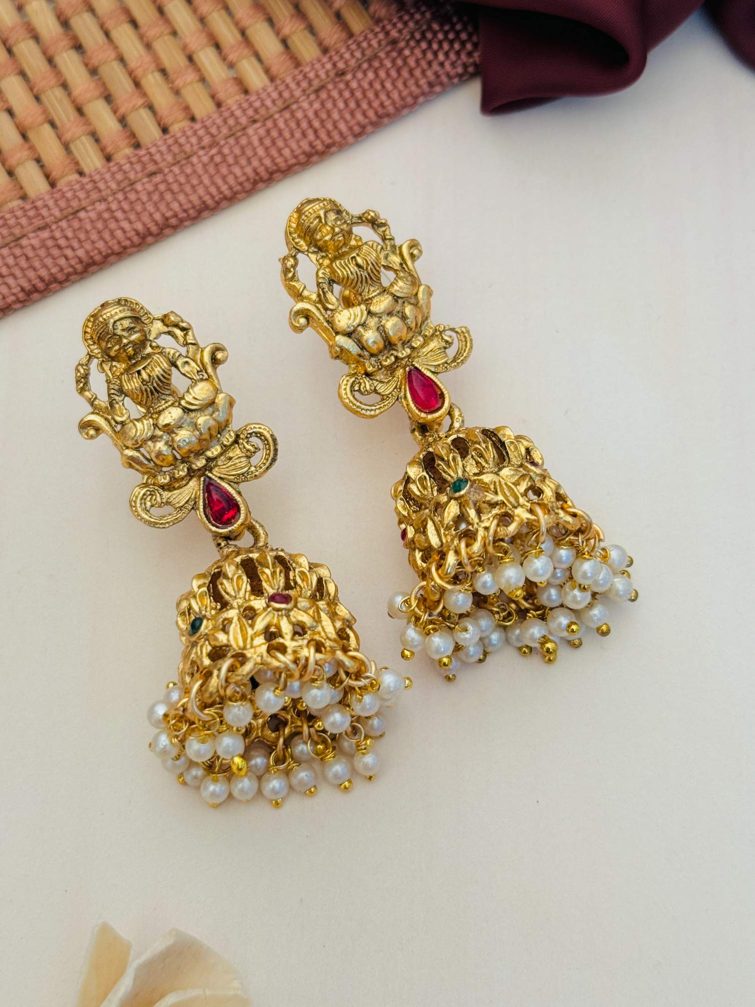 Antique Matt Gold Plated Temple Necklace Set with intricate carvings and pearl detailing by Abdesignsjewellery