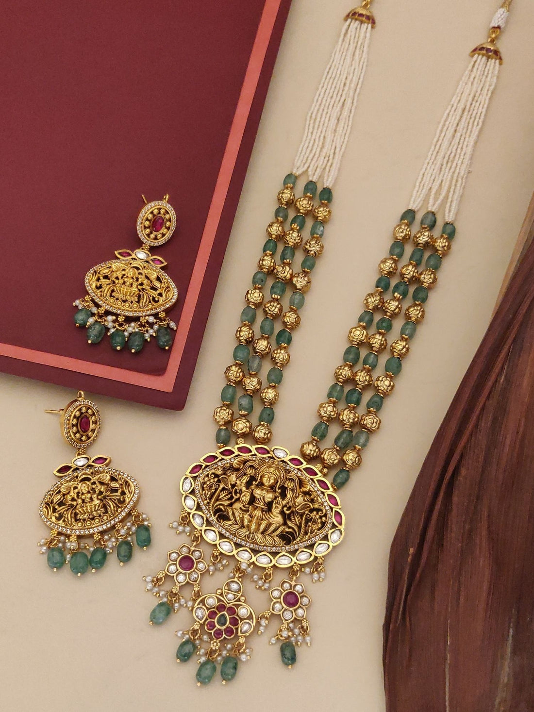 Antique Matt Gold Plated Temple Necklace Set with intricate designs and matching earrings