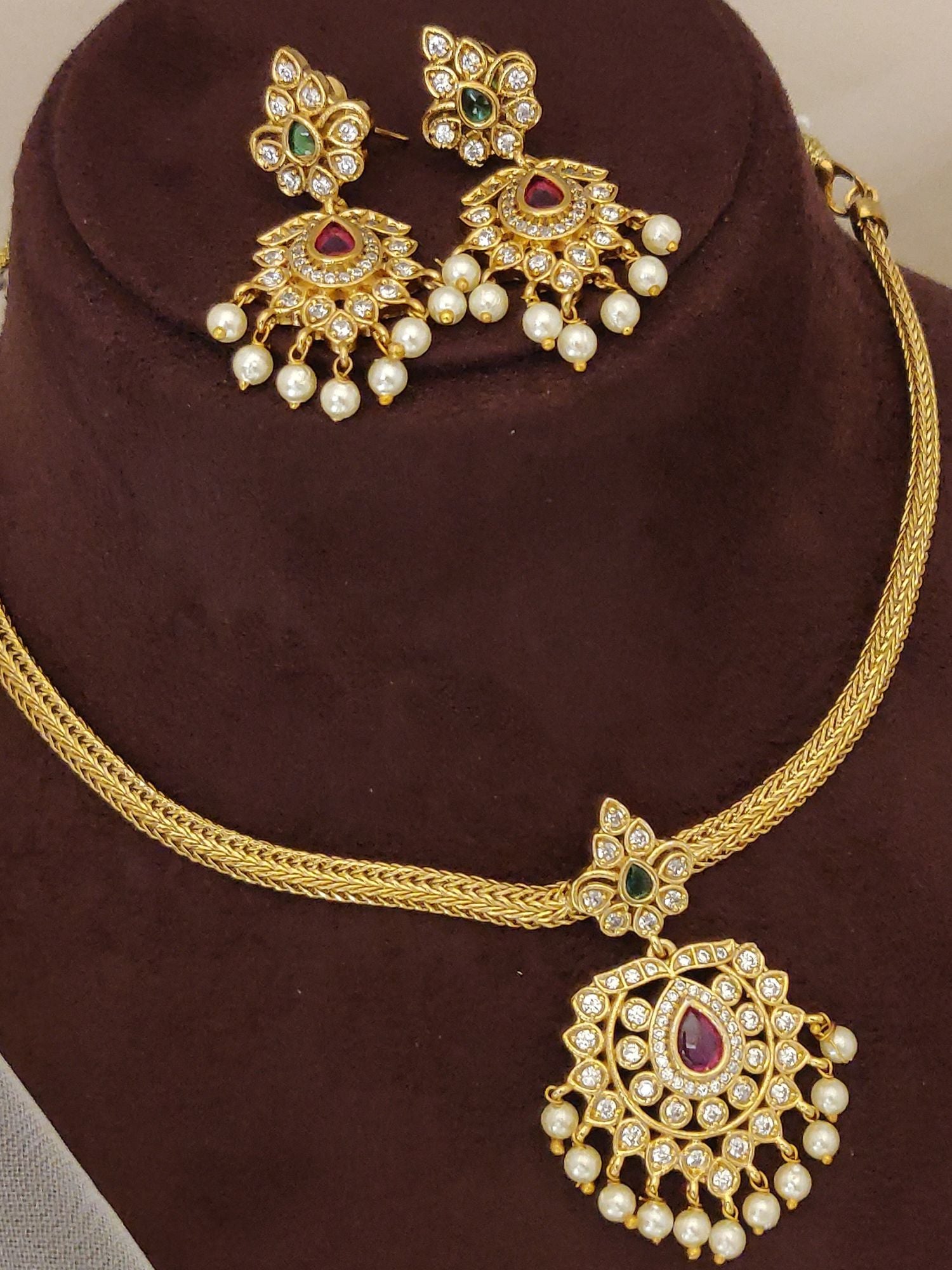 Abdesignsjewellery artificial gold beads necklace with earrings gold pendant and pearl drops