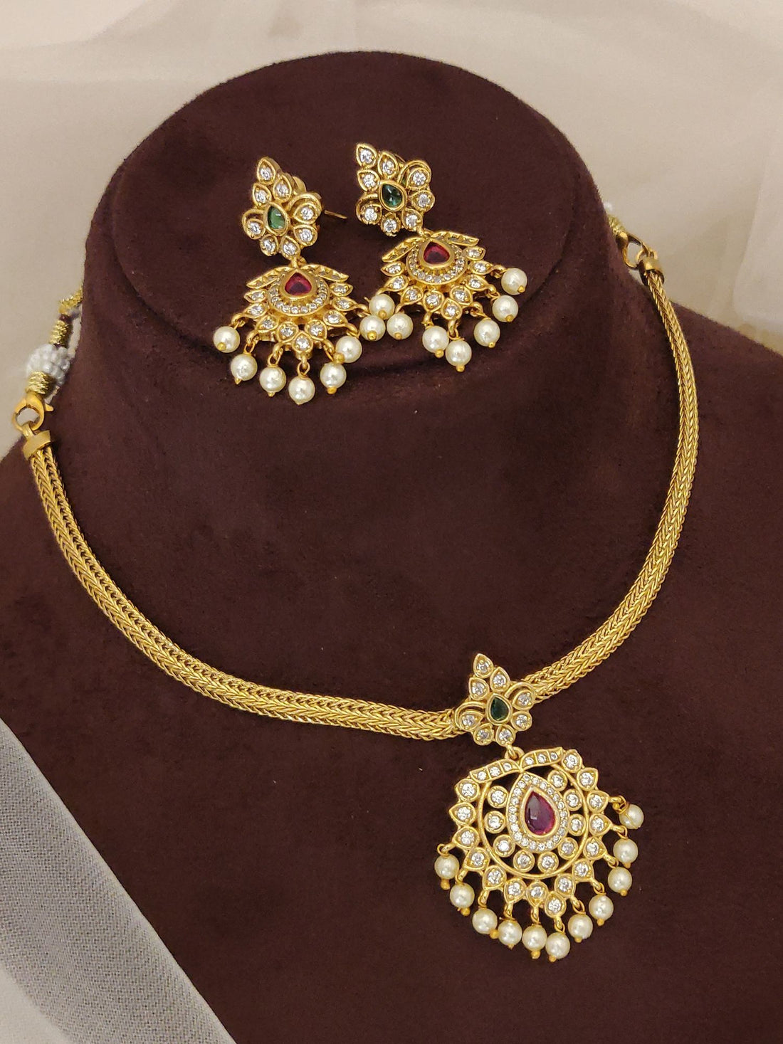 Abdesignsjewellery artificial gold beads necklace with earrings matching kundan pendant and pearl drops