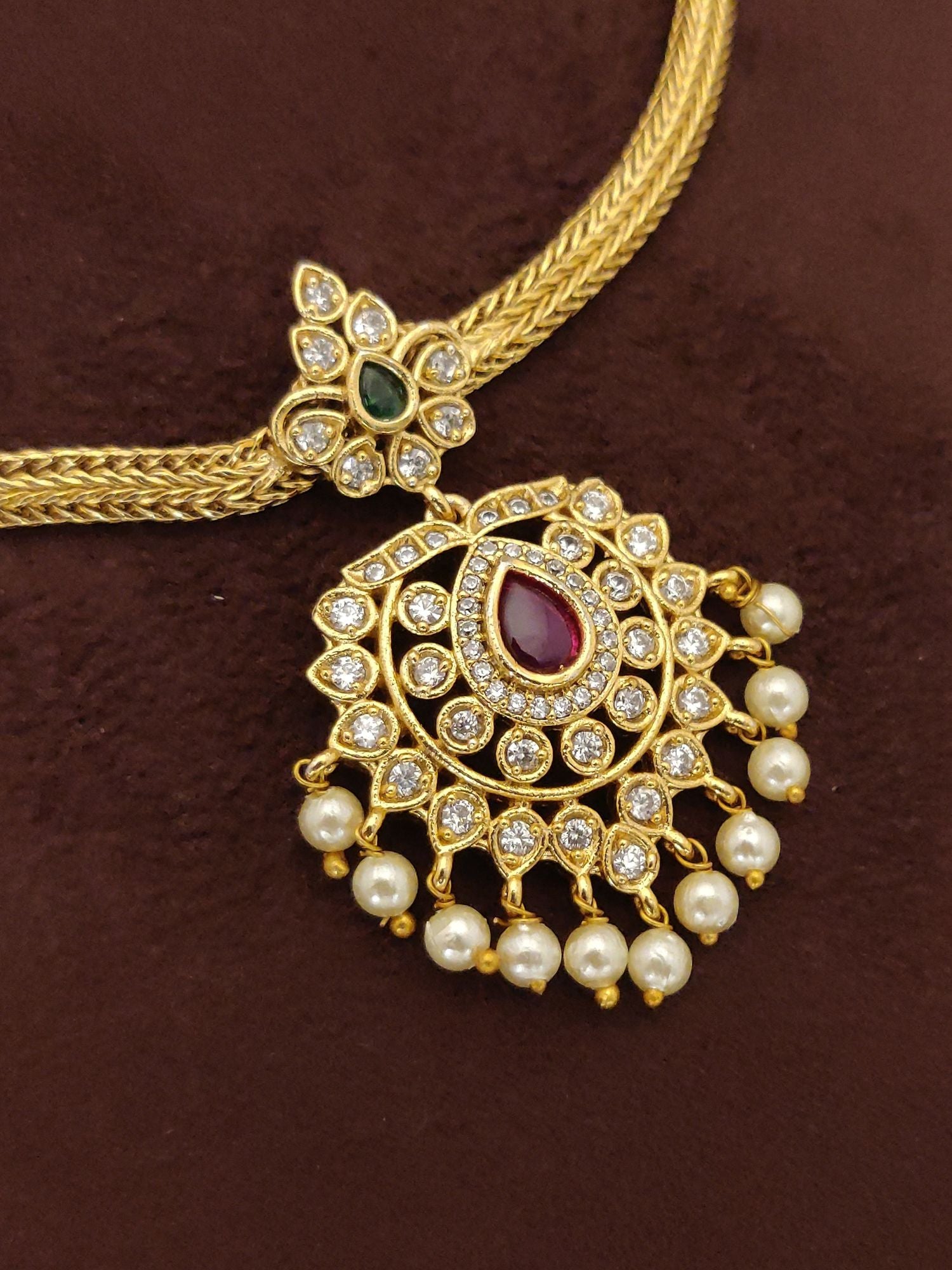 Abdesignsjewellery artificial gold beads necklace with earrings pendant red teardrop stone and pearl fringe