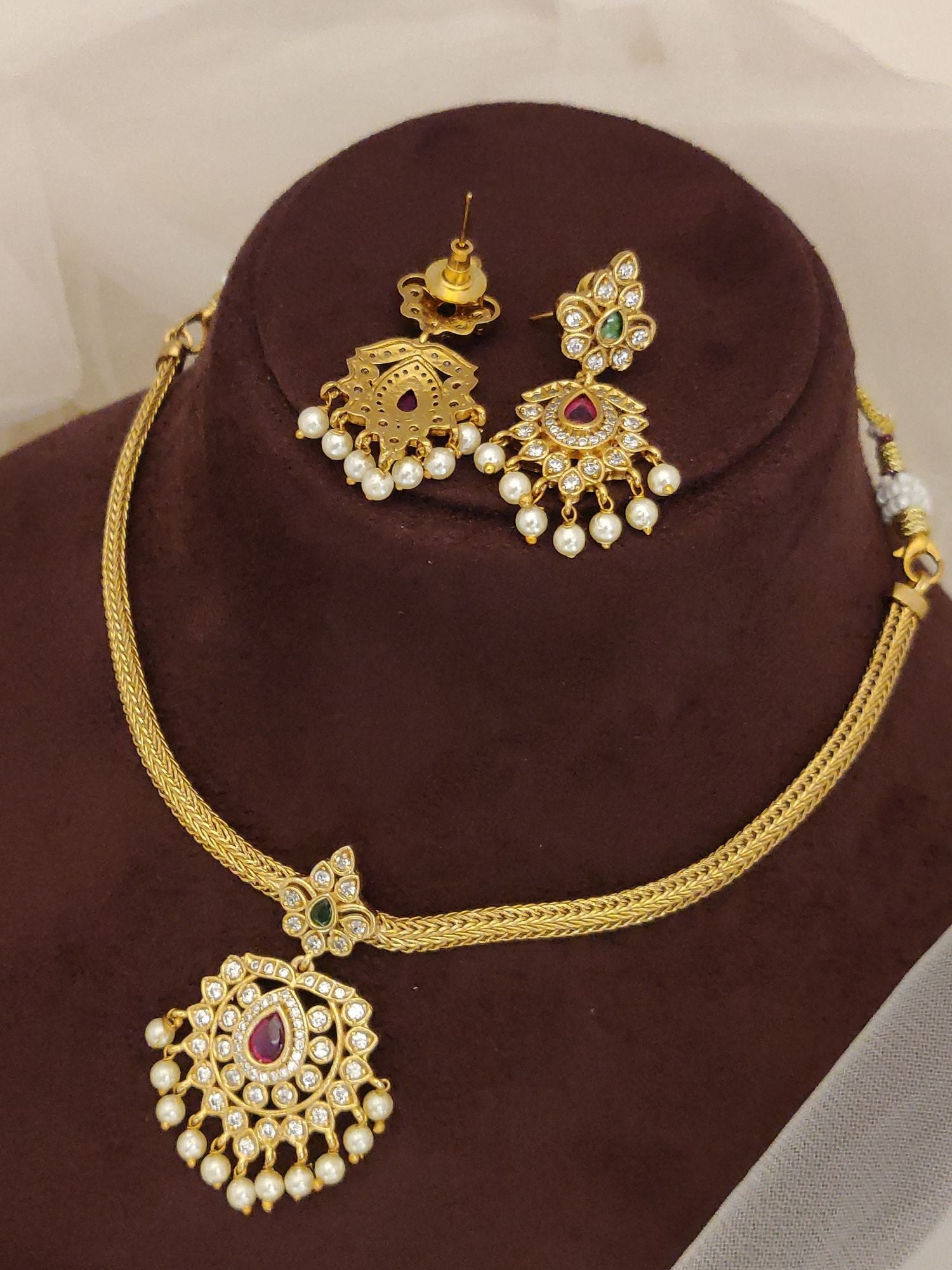 Abdesignsjewellery artificial gold beads necklace with earrings featuring red teardrop stone pearl drops and intricate goldwork