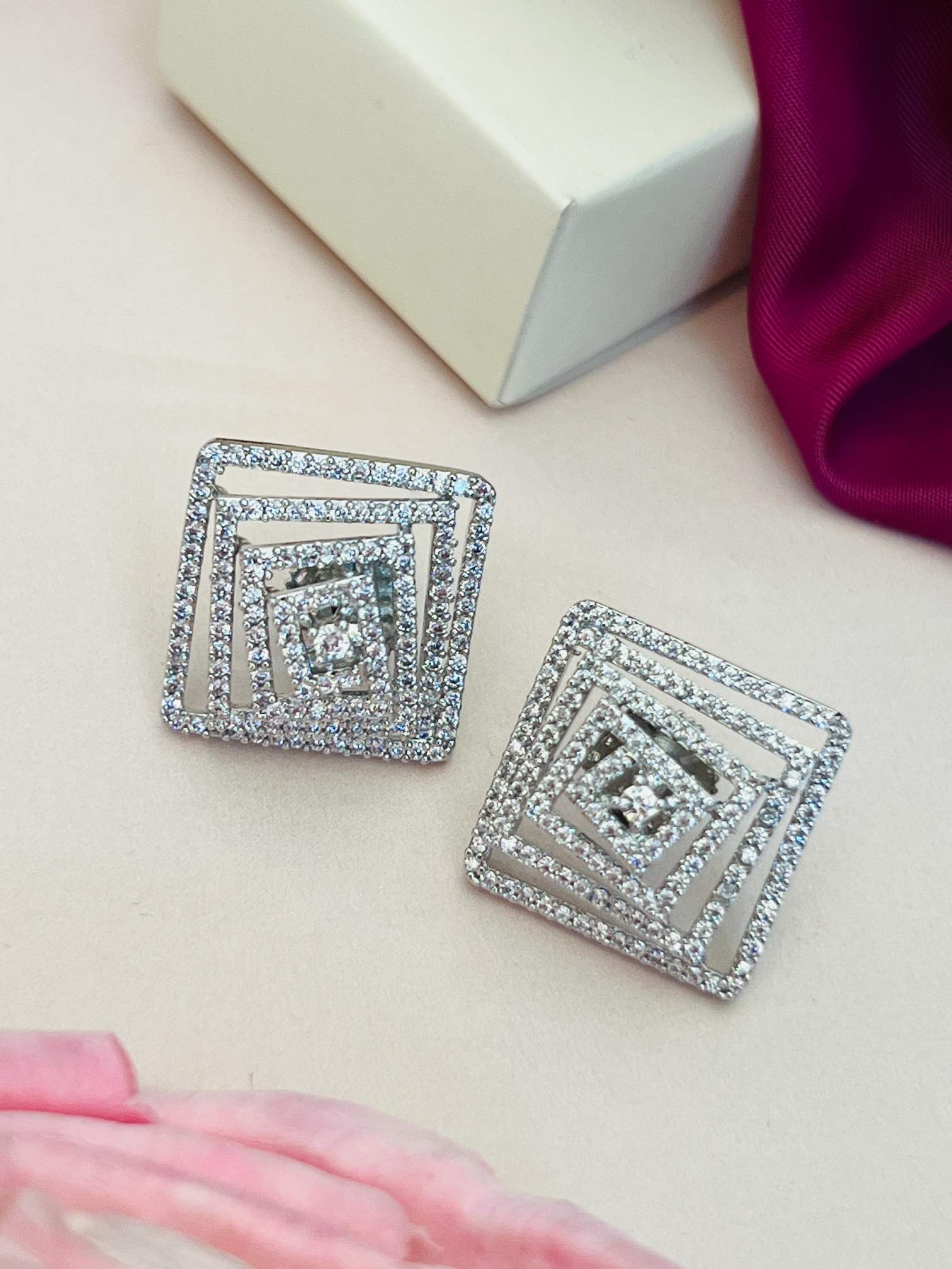 Artistic American Diamond Silver Plated Earring by Abdesignsjewellery featuring square geometric design with sparkling stones