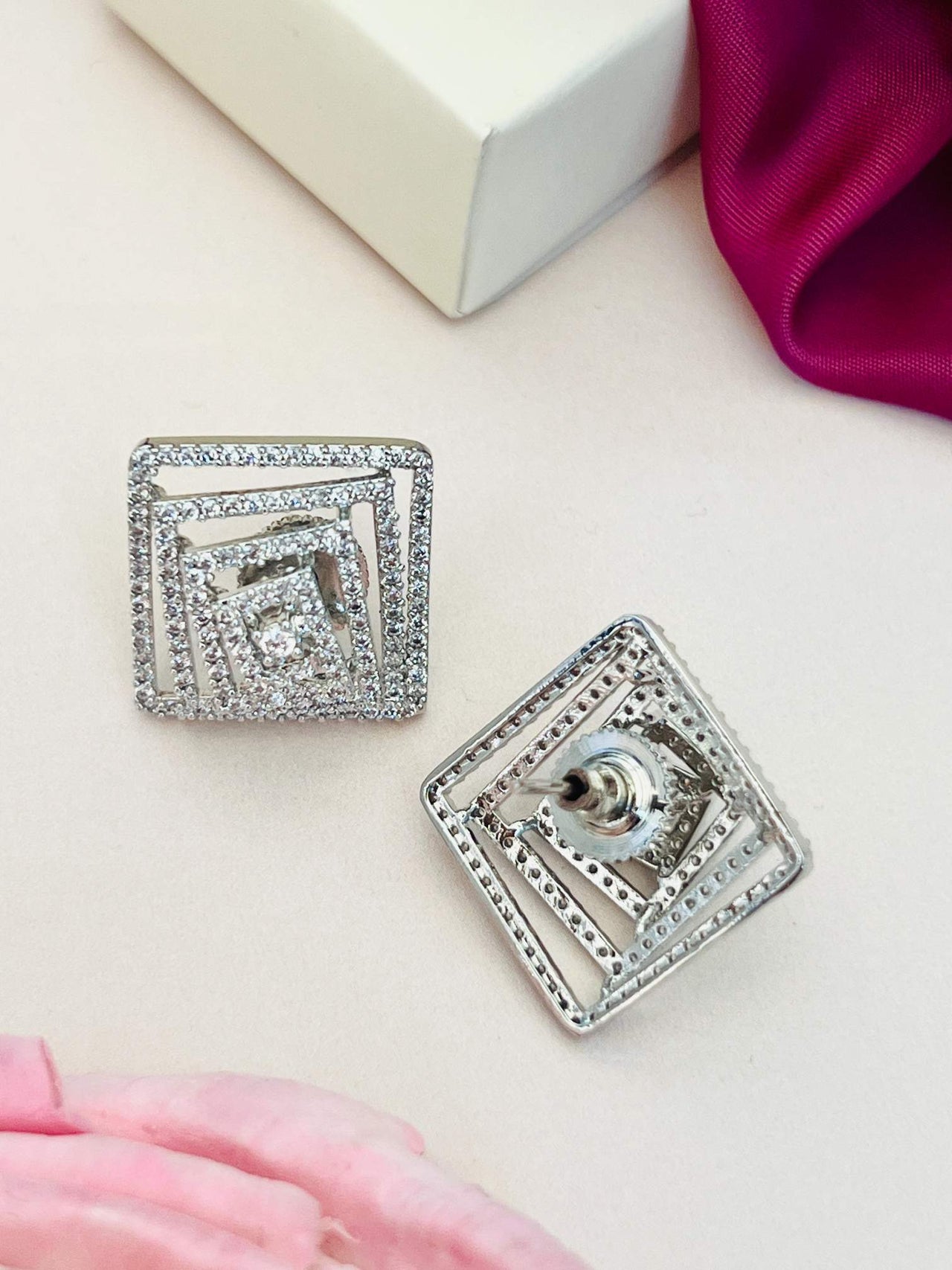 Artistic American Diamond Silver Plated Earring square shaped with intricate layered design by Abdesignsjewellery
