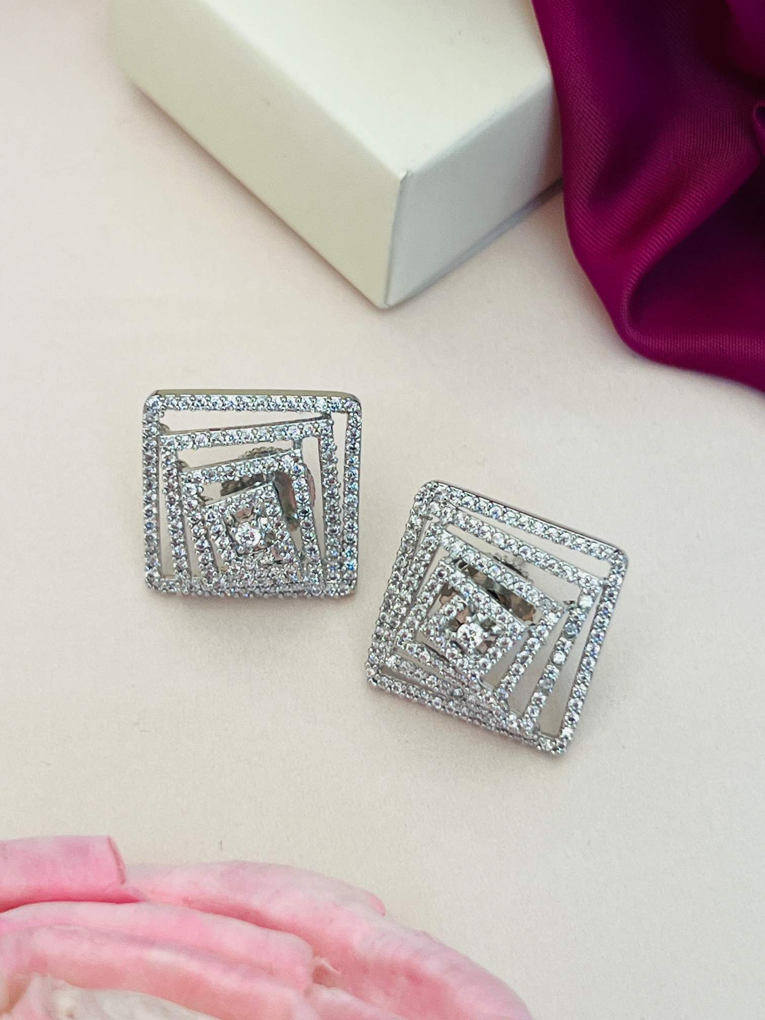 Artistic American Diamond Silver Plated Earring square design with sparkling stones by Abdesignsjewellery