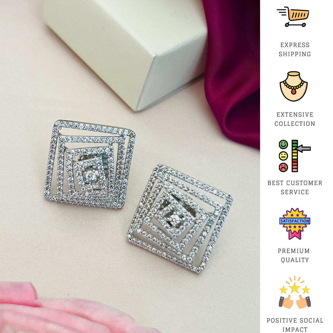 Artistic American Diamond Silver Plated Earring worn by woman showcasing geometric design