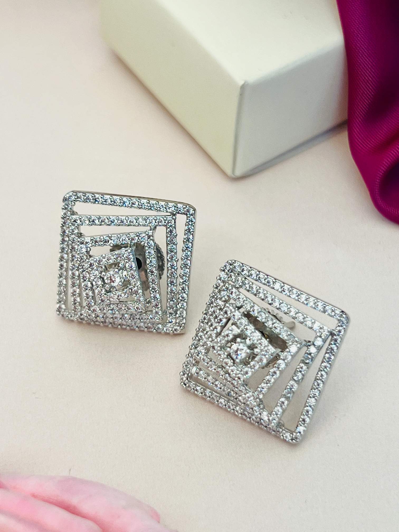 Artistic American Diamond Silver Plated Earring with square geometric design by Abdesignsjewellery