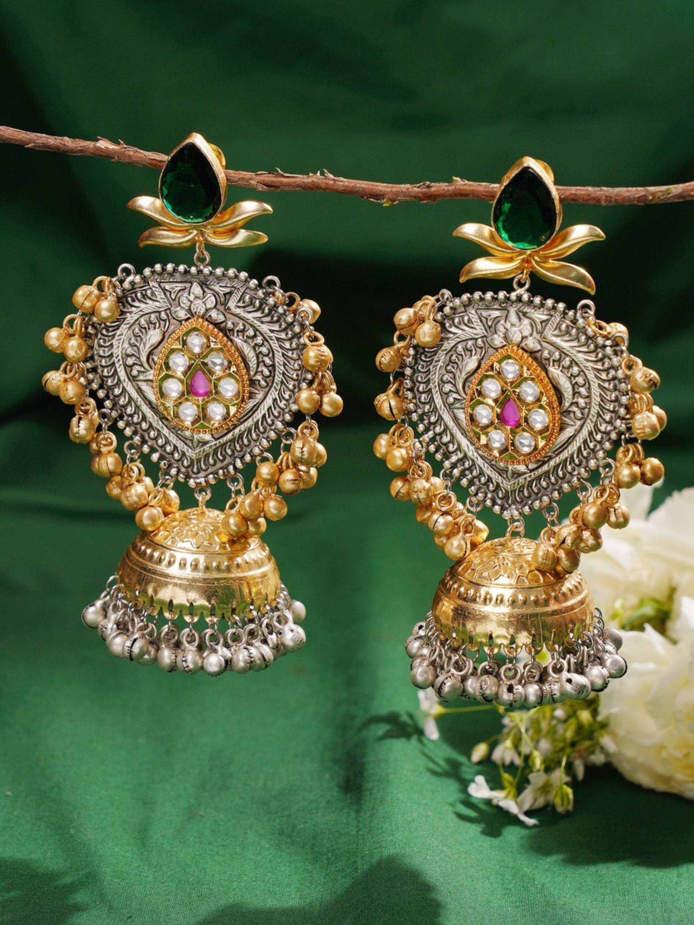 Beautiful DualTone Pachi Kundan Jhumka Earring with intricate gold and silver detailing and green stone accents
