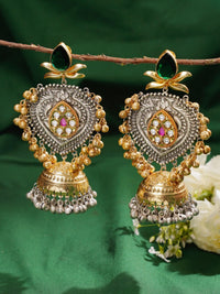 Thumbnail for Beautiful DualTone Pachi Kundan Jhumka Earring with intricate gold and silver detailing and green stone accents