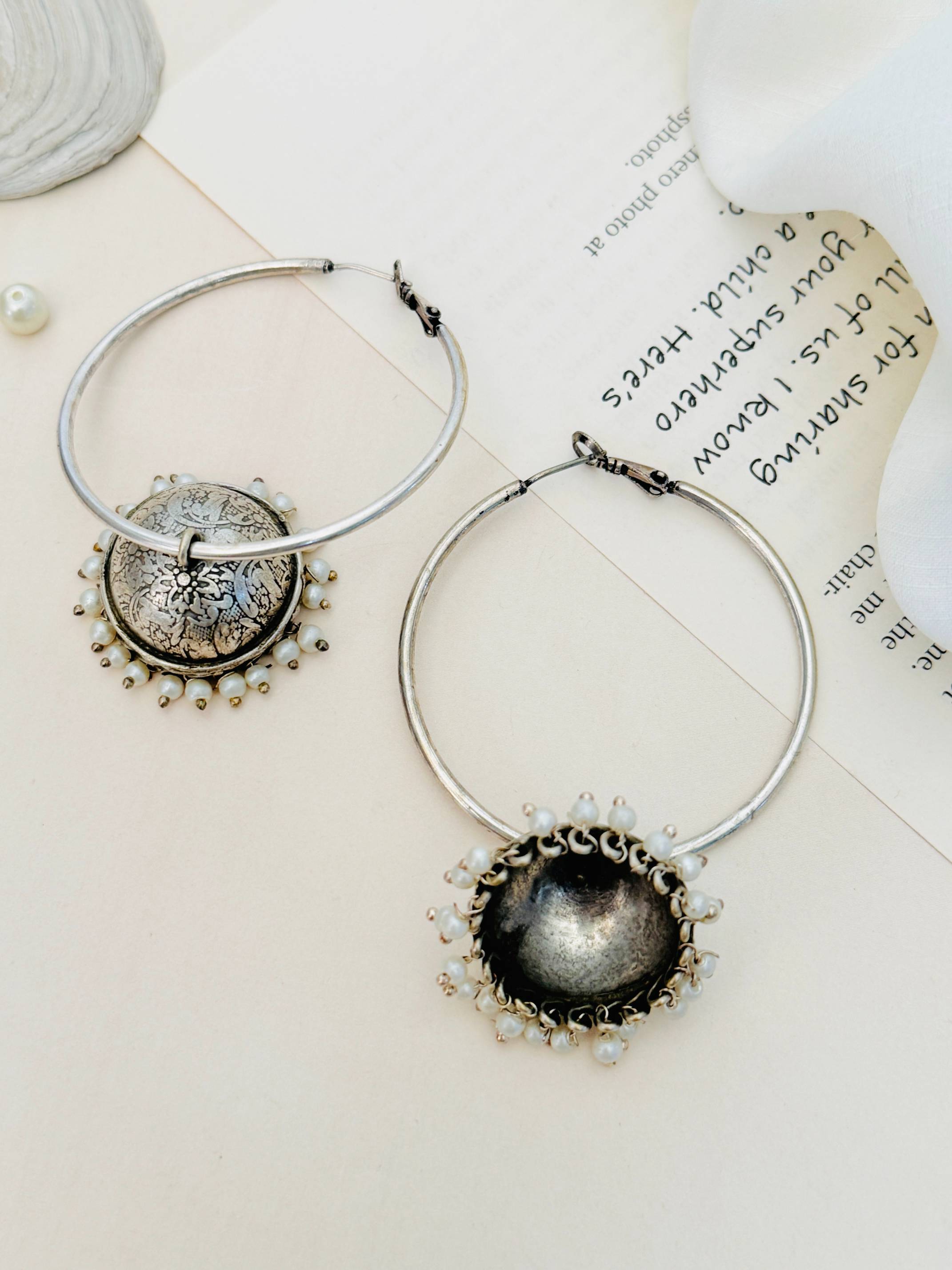 Beautiful German Silver Plated Jhumka Earring hoop style with intricate design and small pearl accents