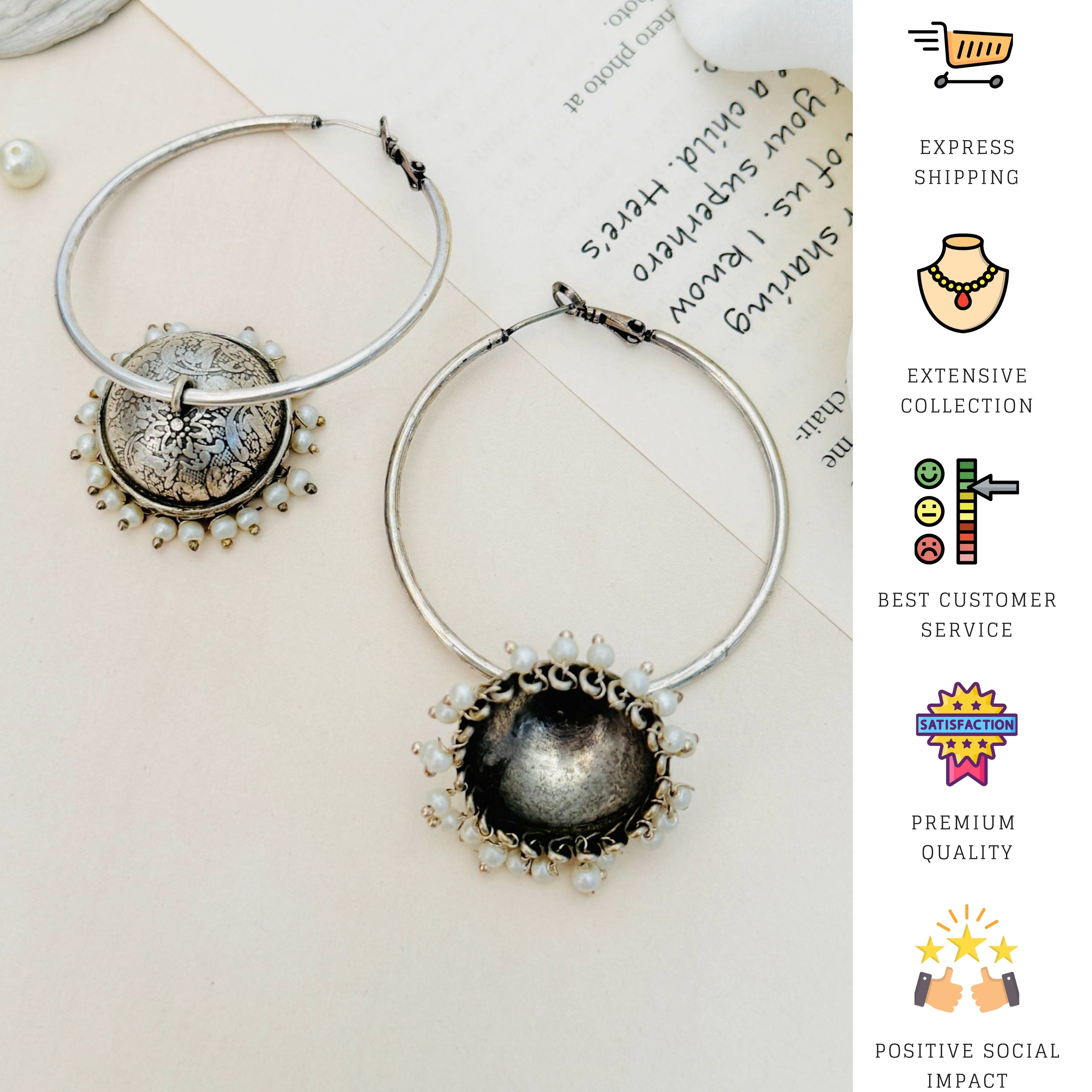 Beautiful German Silver Plated Jhumka Earring with intricate design and pearl accents by Abdesignsjewellery