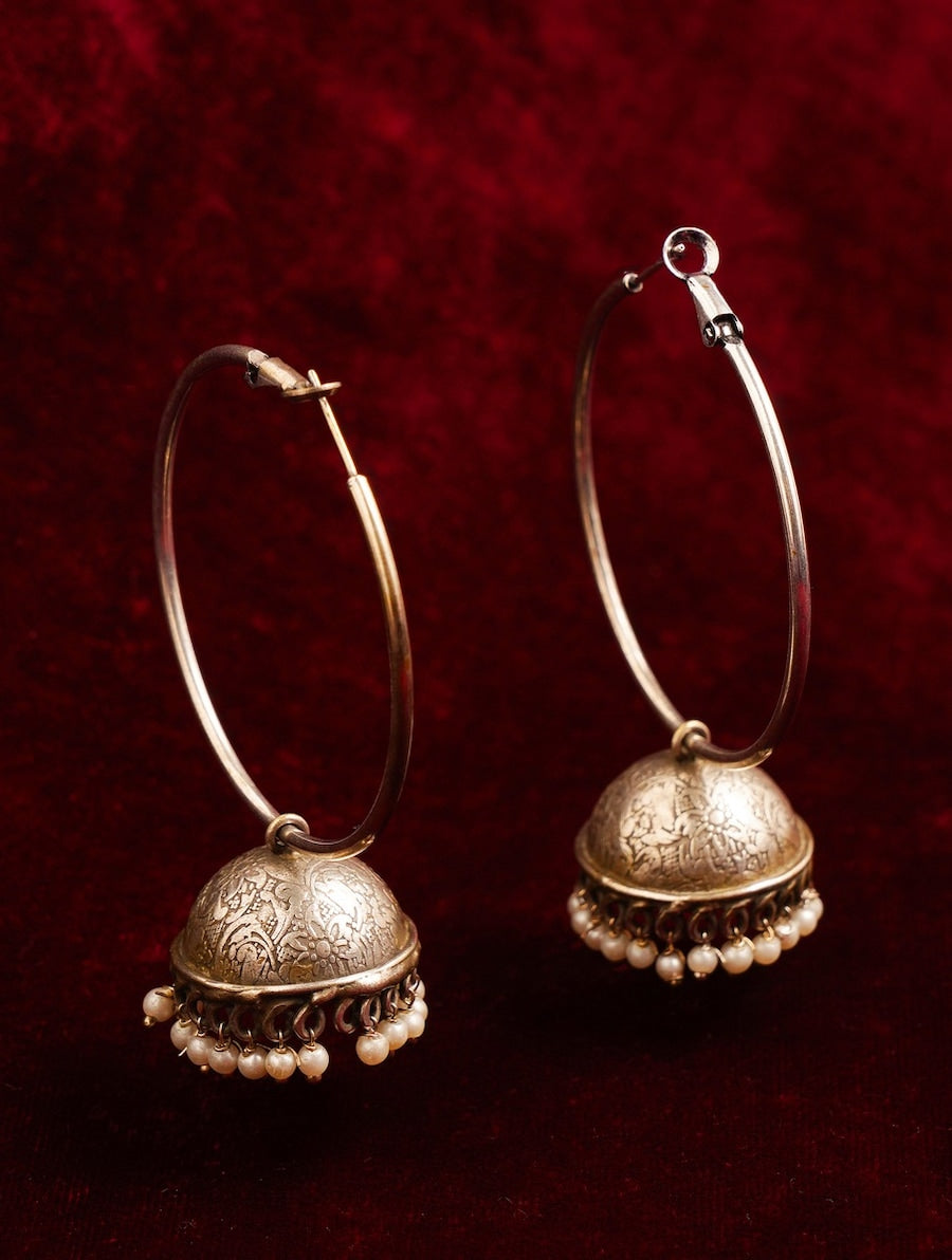 Beautiful German Silver Plated Jhumka Earring with intricate design and pearl accents by Abdesigns