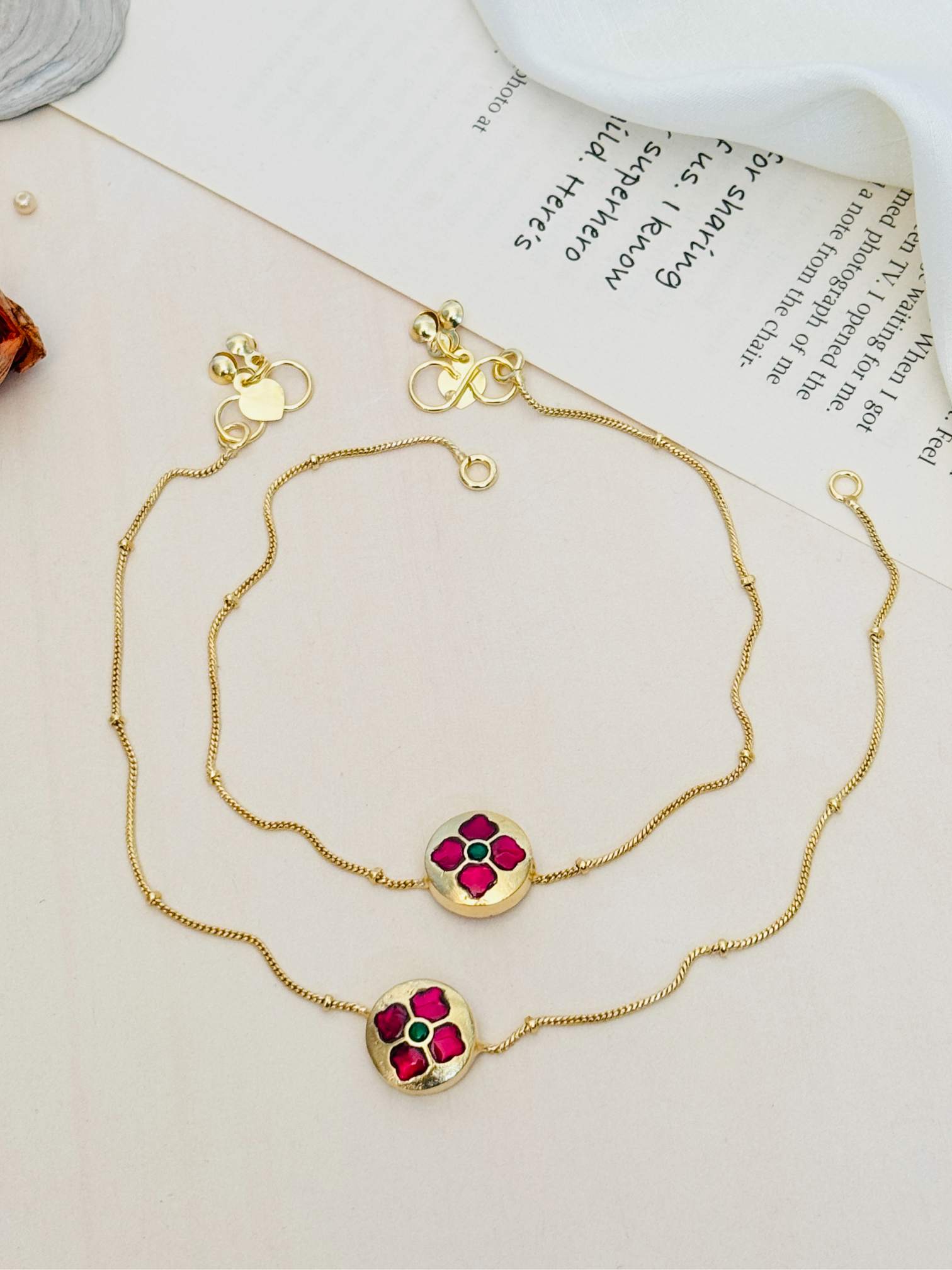 Beautiful Gold Plated Pachi Kundan Anklets combo with intricate red and green stone design by Abdesignsjewellery