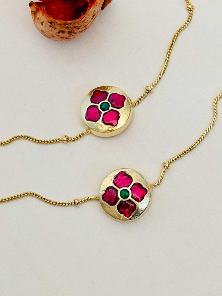 Beautiful Gold Plated Pachi Kundan Anklets with floral design and pink and green stones by Abdesignsjewellery