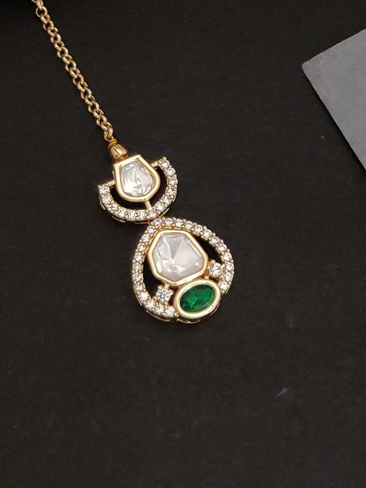 Beautiful gold plated polki maangtikka with white and green stones by Abdesignsjewellery