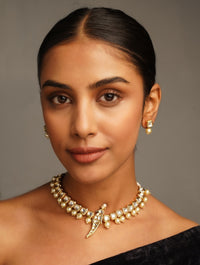 Thumbnail for Beautiful Parrot Pearl Kundan Necklace with gold and pearl details worn by a woman