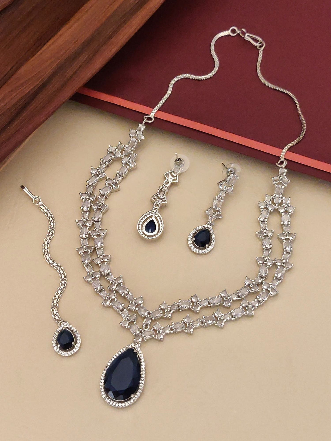 Elegant Blue American Diamond Necklace Set with Silver Chain and Matching Earrings and Bracelet