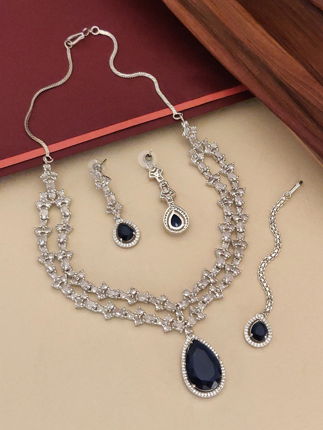 Elegant Blue American Diamond Necklace Set with Silver Chain and Matching Earrings and Bracelet