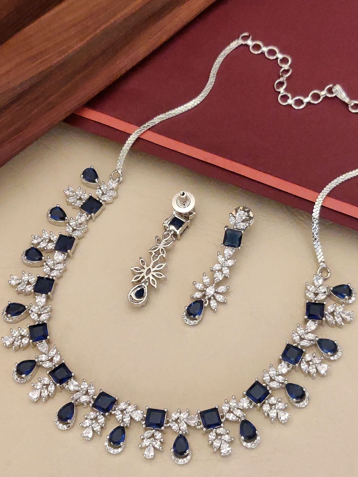 Blue Sapphire American Diamond Necklace Set featuring elegant design and sparkling gemstones