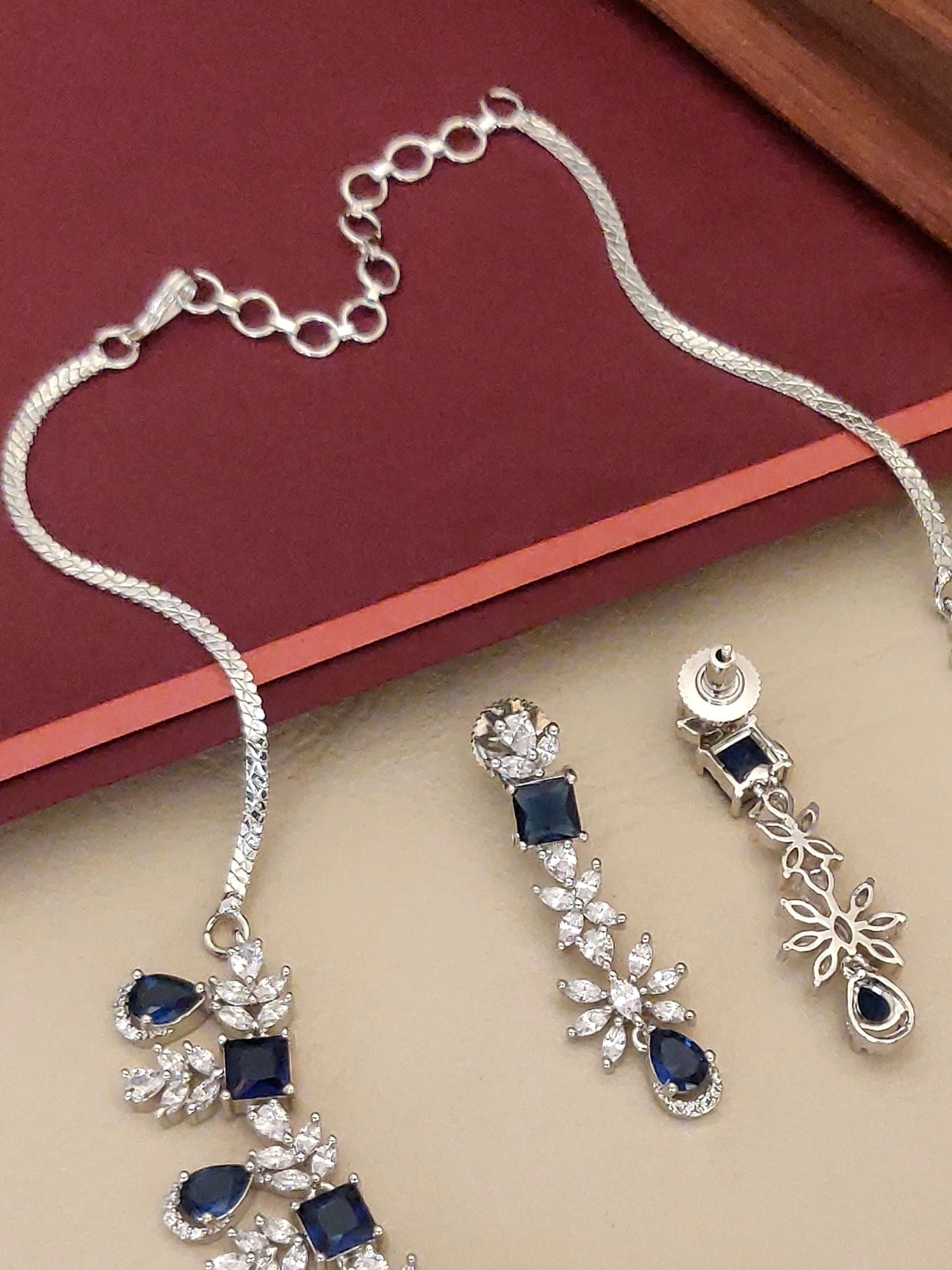 Blue Sapphire American Diamond Necklace Set with intricate design and sparkling accents