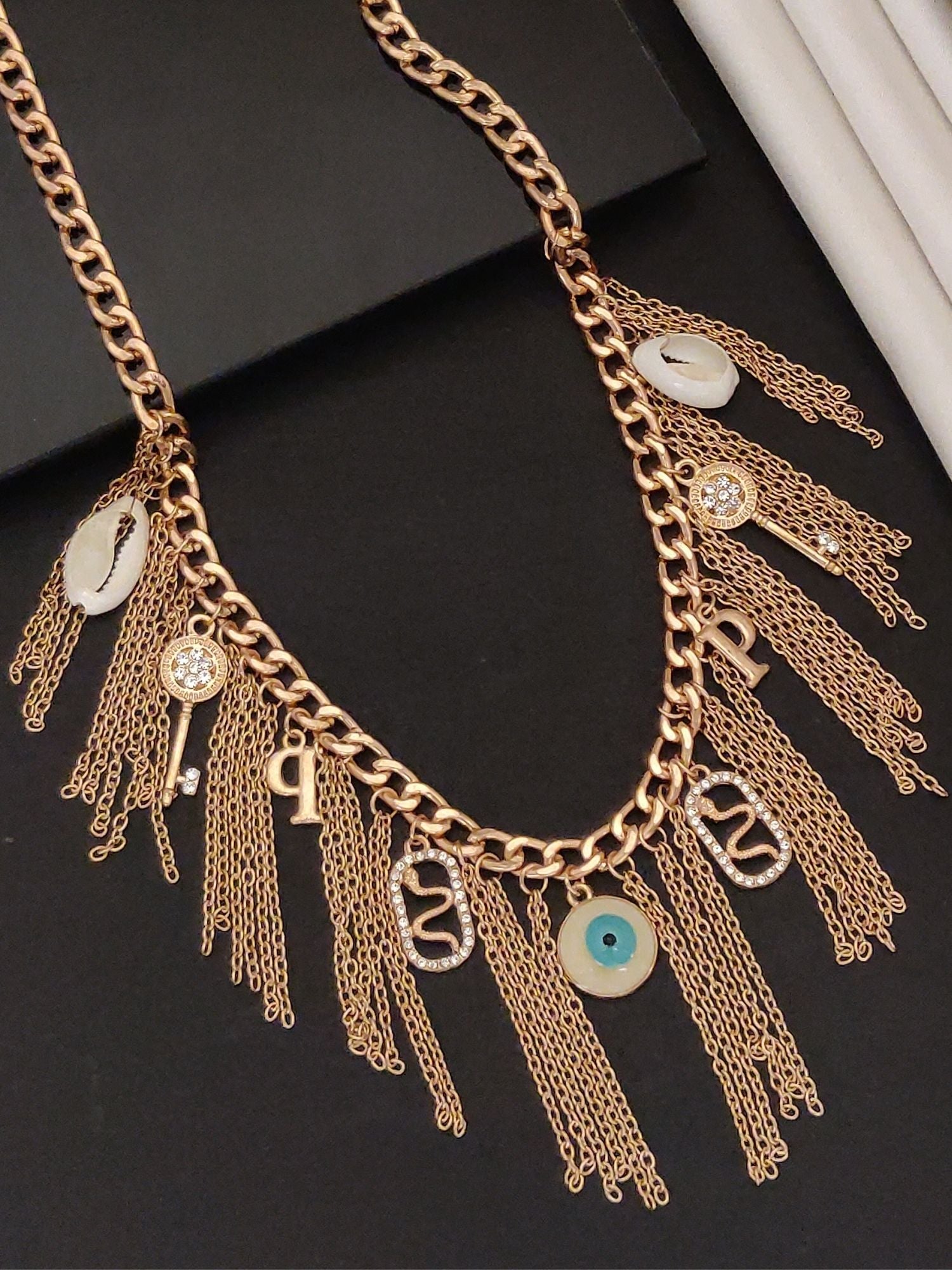 Boho Style Western Gold Plated Necklace with unique charms and layered chain design