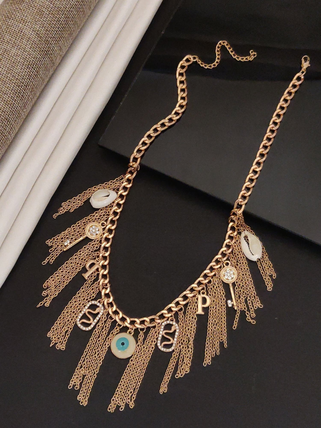 Abdesignsjewellery Boho Style Western Gold Plated Necklace with stylish charms and fringe detail