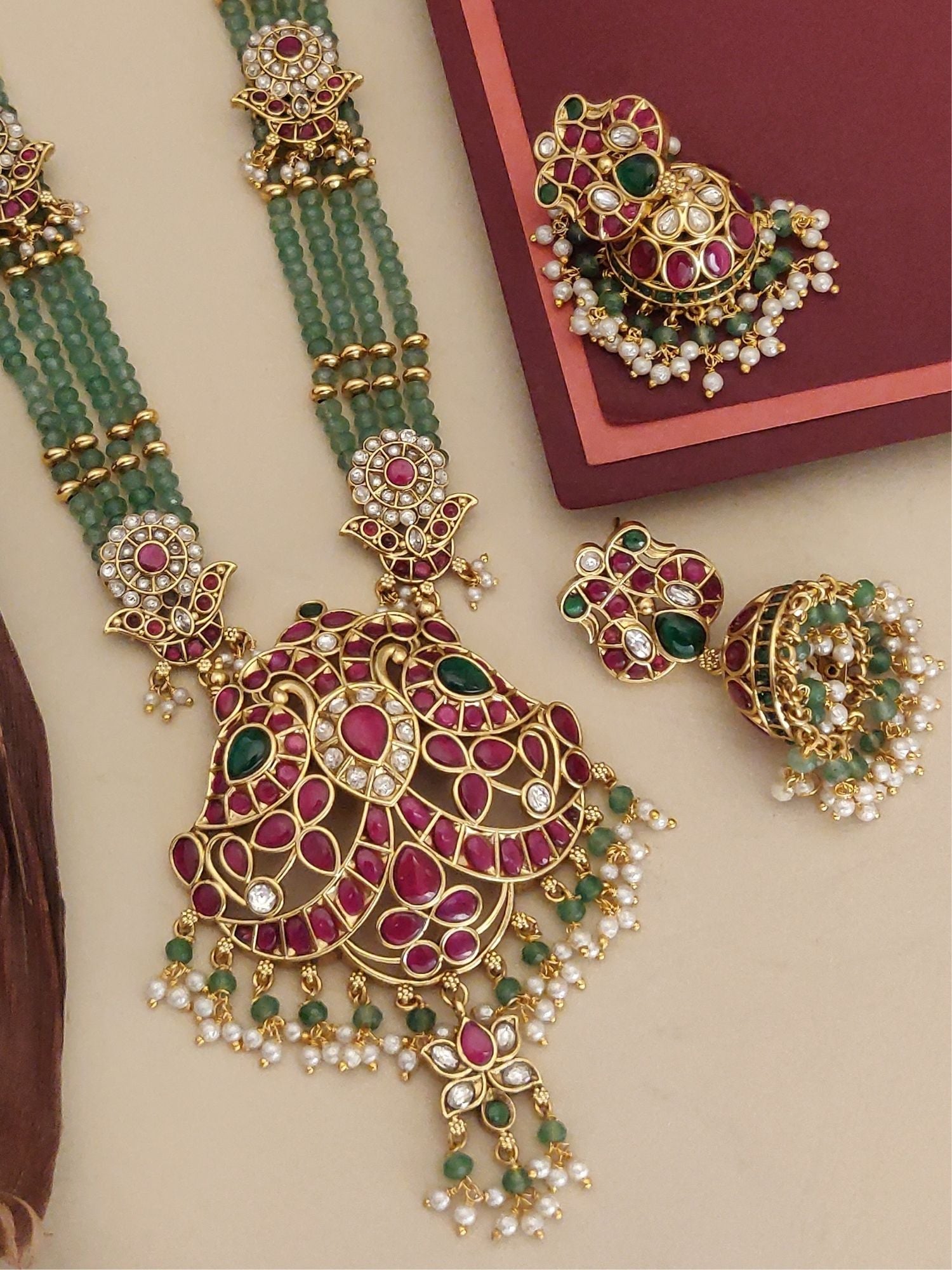 Bridal Gold Plated Beads Necklace Set with intricate design and matching earrings