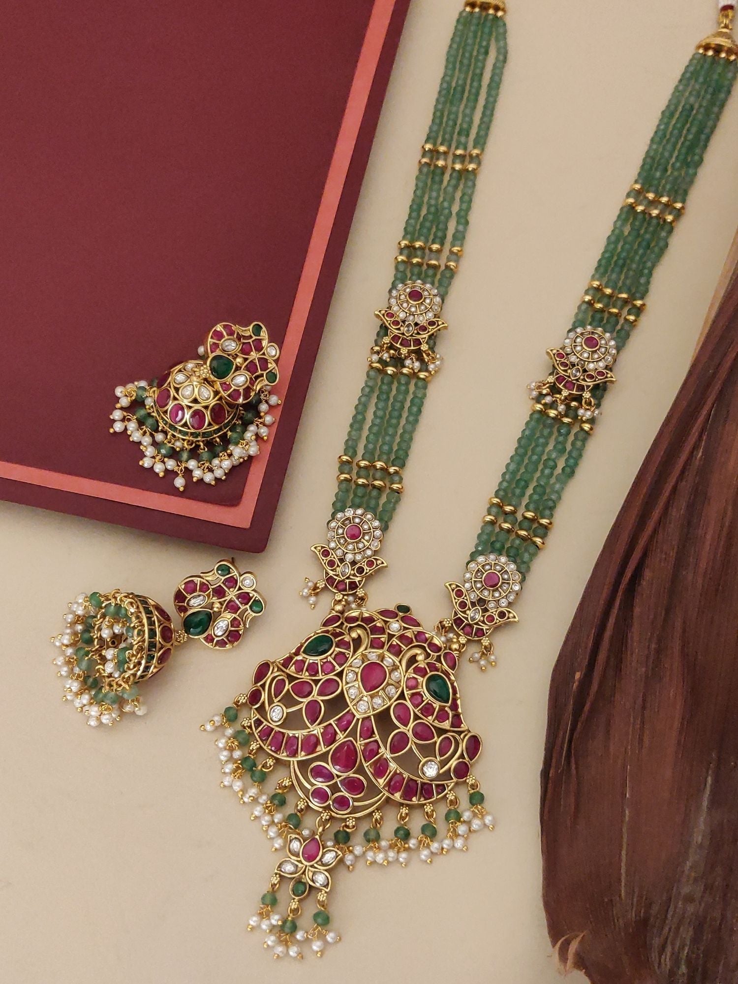 Bridal Gold Plated KempStone Beads Necklace Set with intricate design and matching earrings