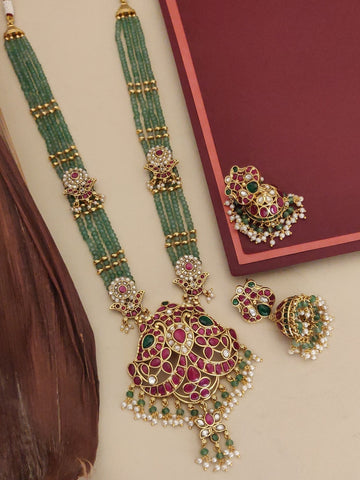 Gold Plated KempStone Beads Necklace Set with intricate design and matching earrings