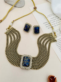 Thumbnail for Chain Choker Necklace Set by Abdesignsjewellery with gold links and blue stone pendant with matching earrings