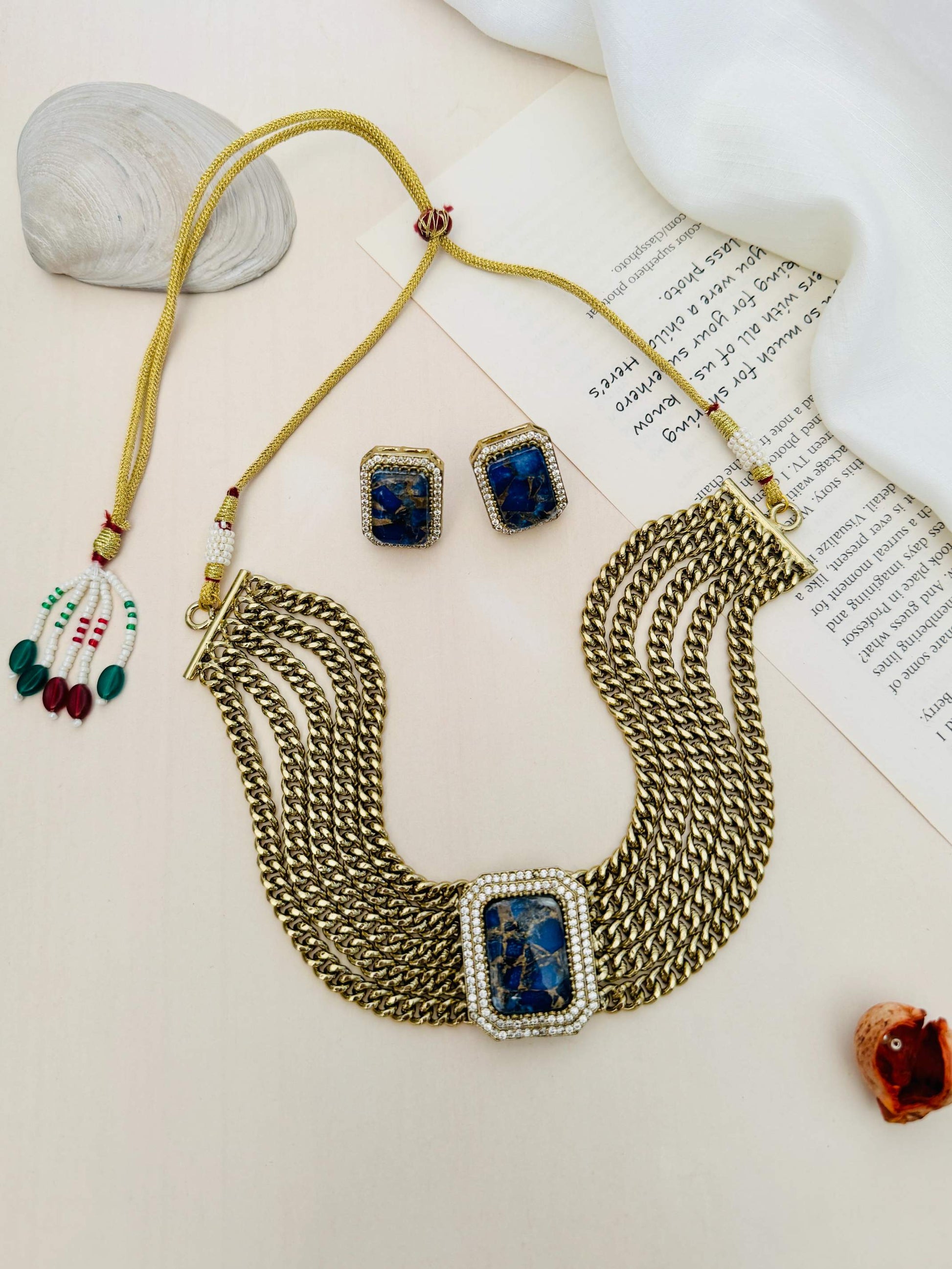 Chain Choker Necklace Set with gold-tone multiple chains and blue stone accents from Abdesignsjewellery