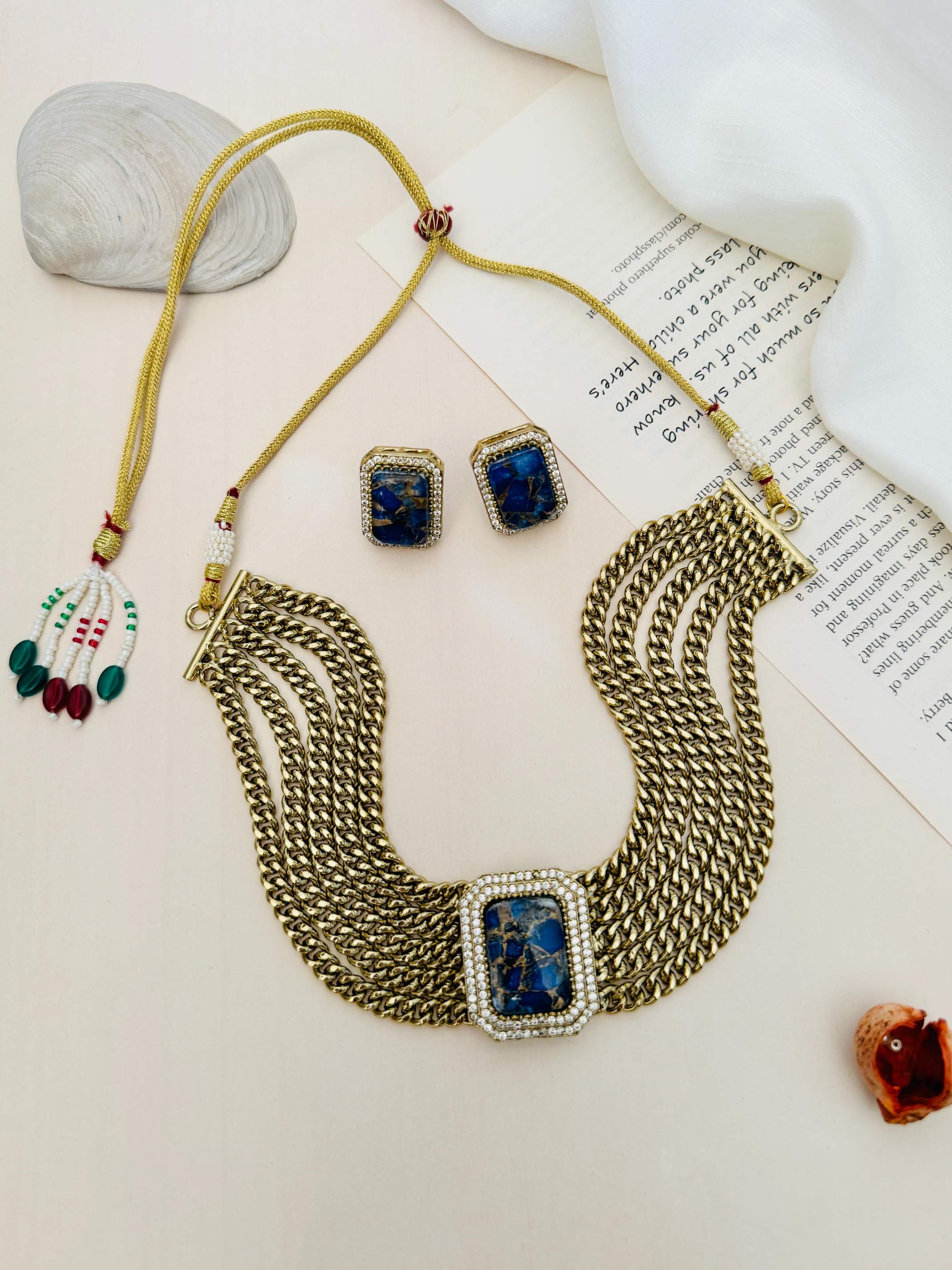 Chain Choker Necklace Set with gold-tone multiple chains and blue stone accents from Abdesignsjewellery