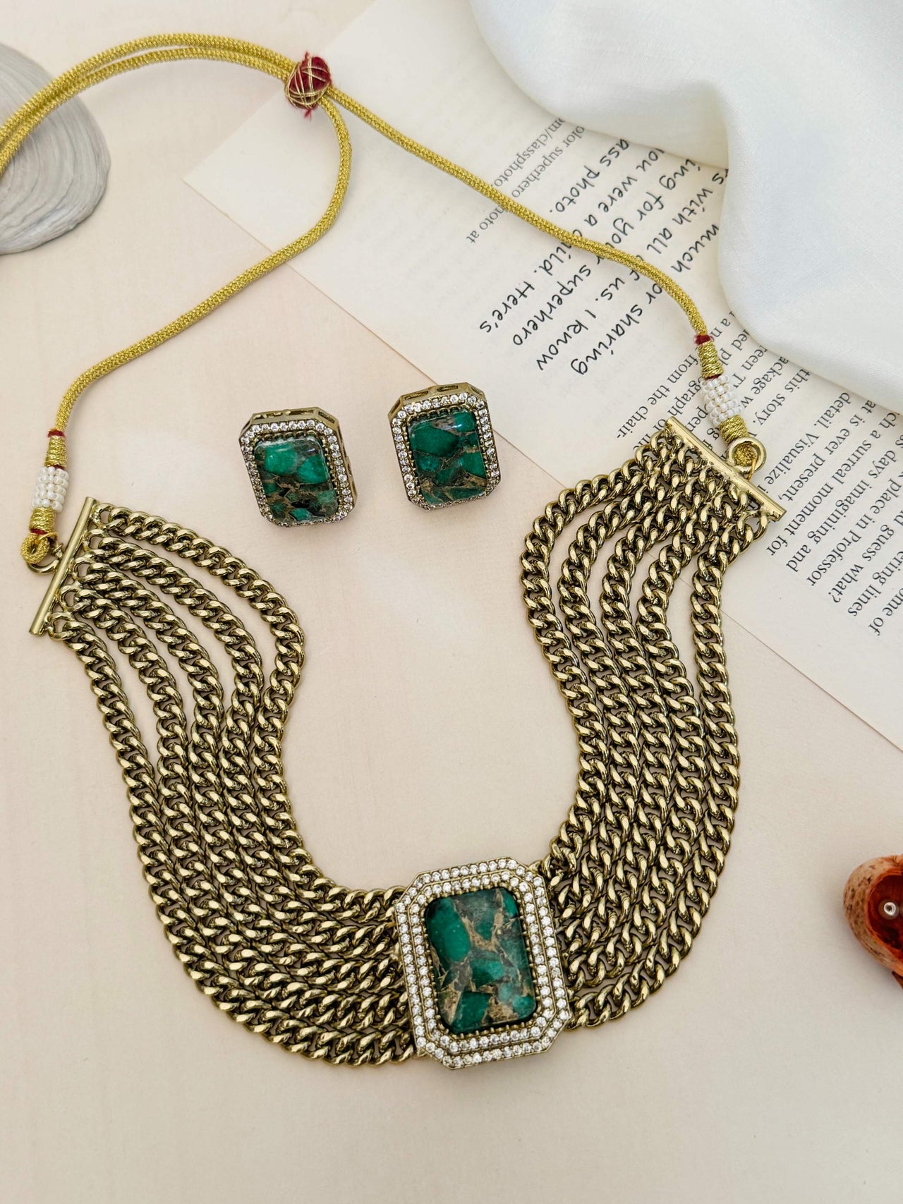 Chain Choker Necklace Set with gold-tone multi-strand chains and green stone centerpiece with matching earrings