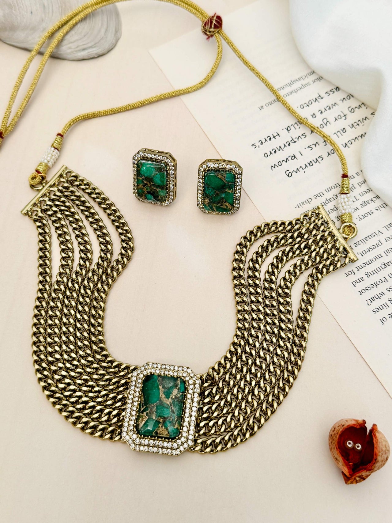 Abdesignsjewellery Chain Choker Necklace Set with green stone accents and matching earrings