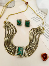Thumbnail for Abdesignsjewellery Chain Choker Necklace Set with green stone accents and matching earrings