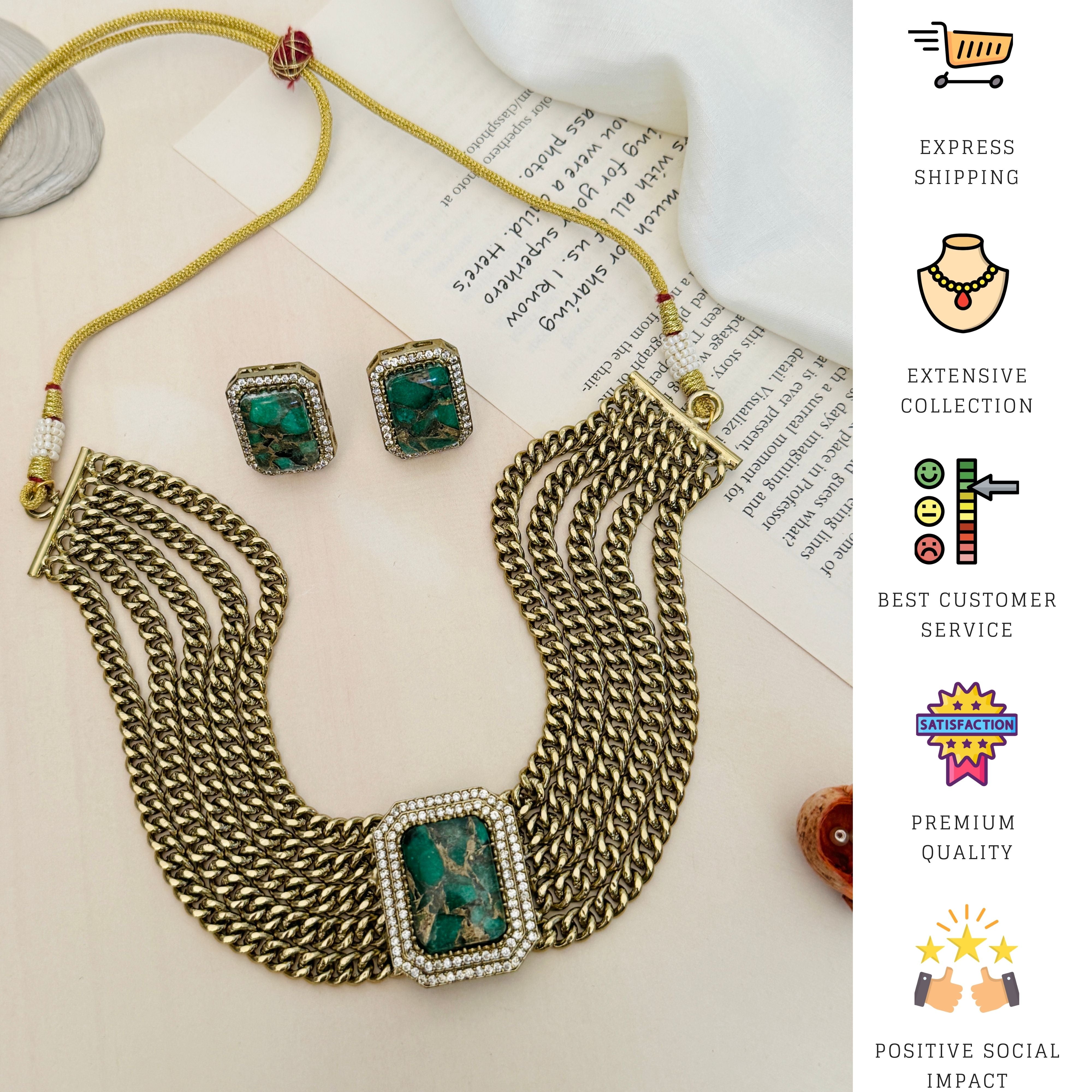 Abdesignsjewellery Chain Choker Necklace Set with multiple gold chains and green stone pendant with matching earrings