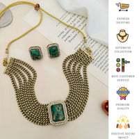Thumbnail for Abdesignsjewellery Chain Choker Necklace Set with multiple gold chains and green stone pendant with matching earrings