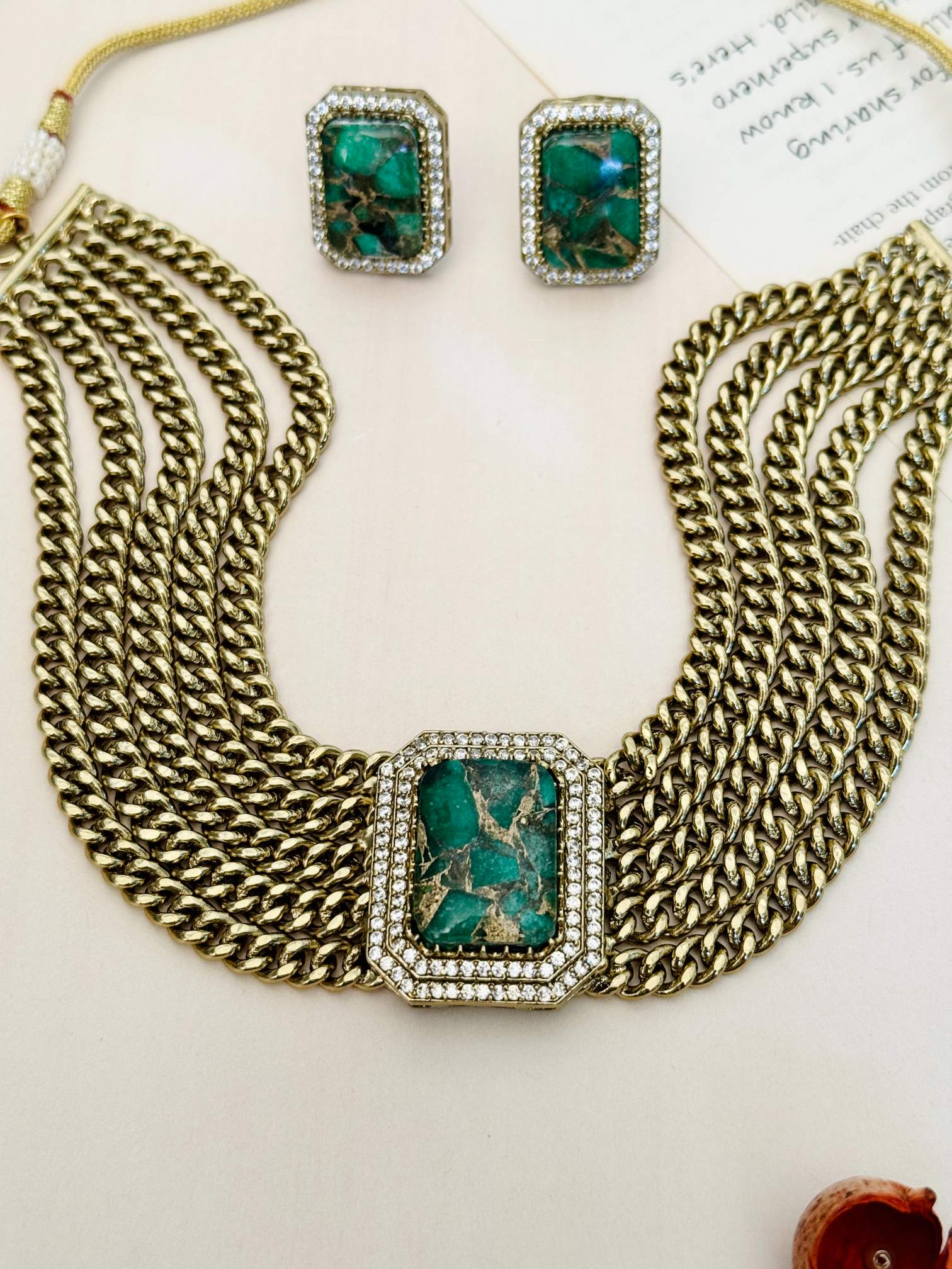 Abdesignsjewellery Chain Choker Necklace Set with green stone and rhinestone details