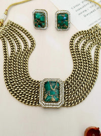 Thumbnail for Abdesignsjewellery Chain Choker Necklace Set with green stone and rhinestone details