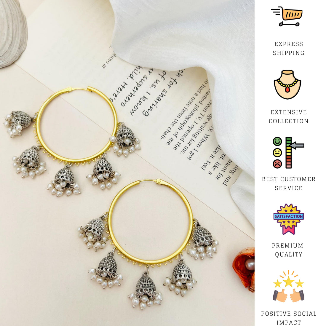 Elegant woman wearing Classic Gold Plated Bali Earring from Abdesignsjewellery with intricate silver jhumkas