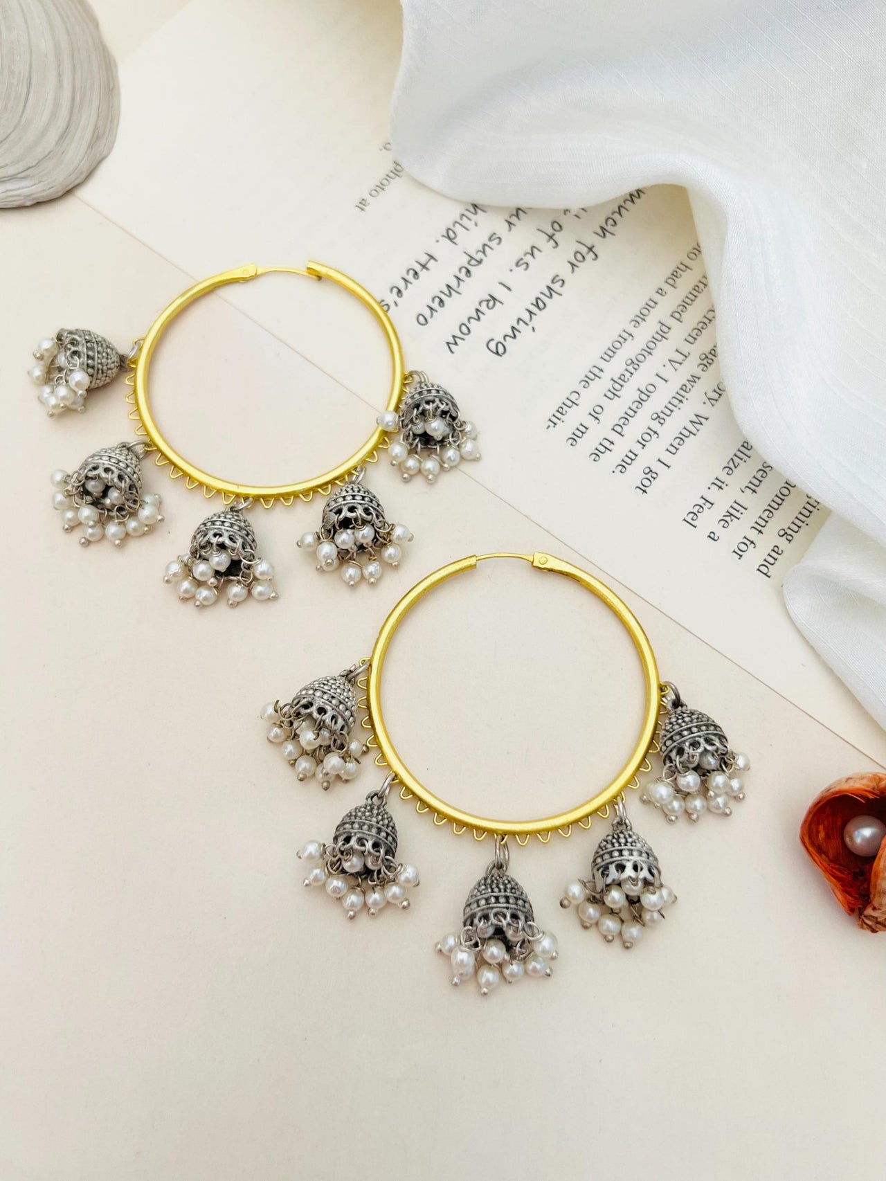 Classic Gold Plated Bali Earring with intricate silver charms and pearl accents by Abdesignsjewellery
