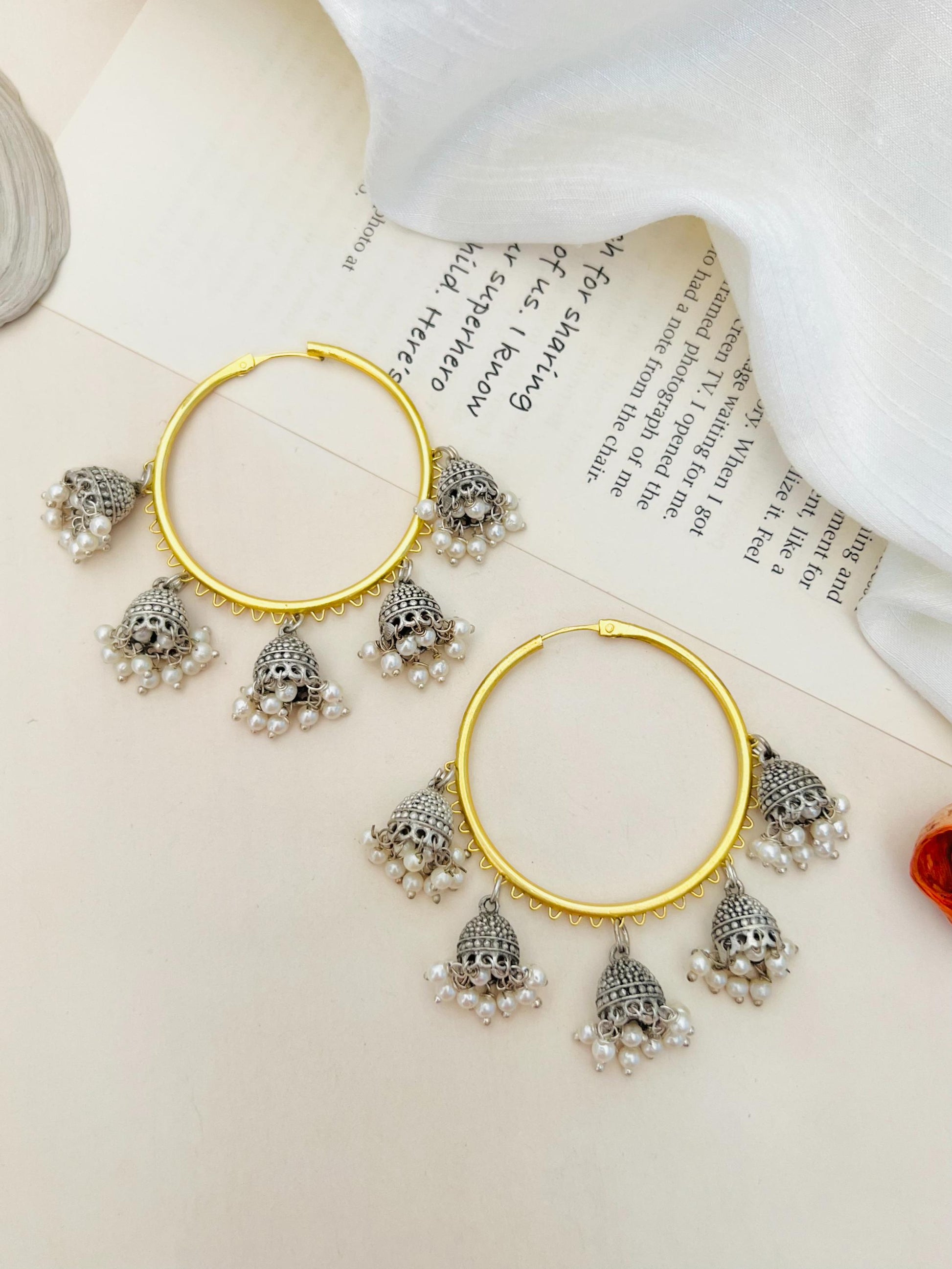 Classic Gold Plated Bali Earring with intricate silver charms and small white pearl accents