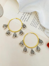 Thumbnail for Classic Gold Plated Bali Earring with intricate silver charms and small white pearl accents