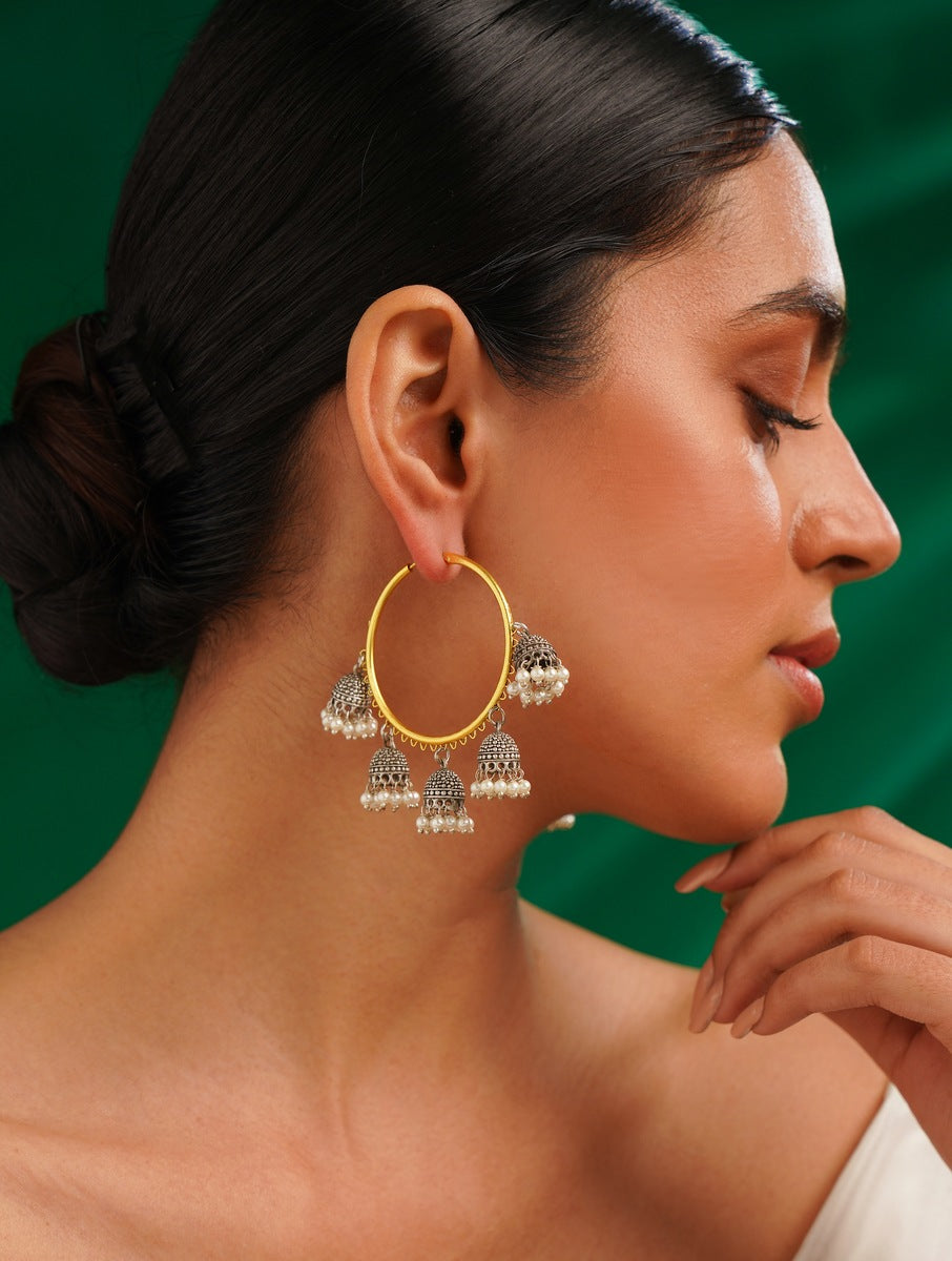 Elegant woman wearing Classic Gold Plated Bali Earring from Abdesignsjewellery with intricate silver jhumkas