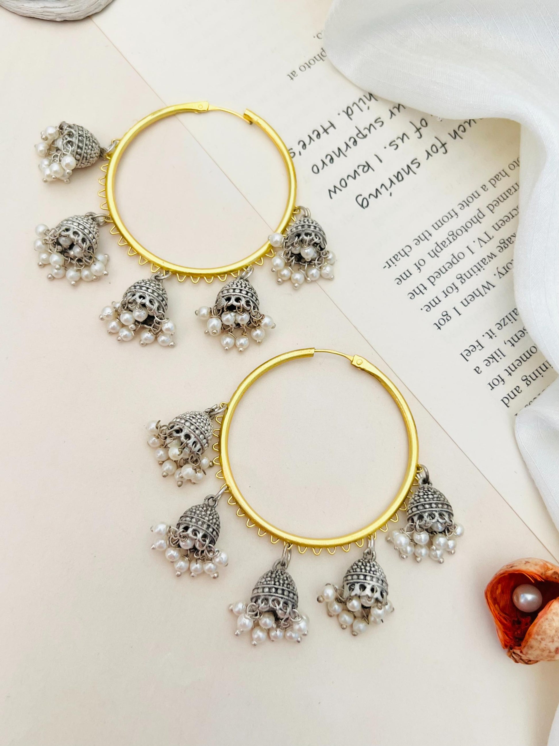 Classic Gold Plated Bali Earring with intricate silver jhumka and white pearl details by Abdesignsjewellery