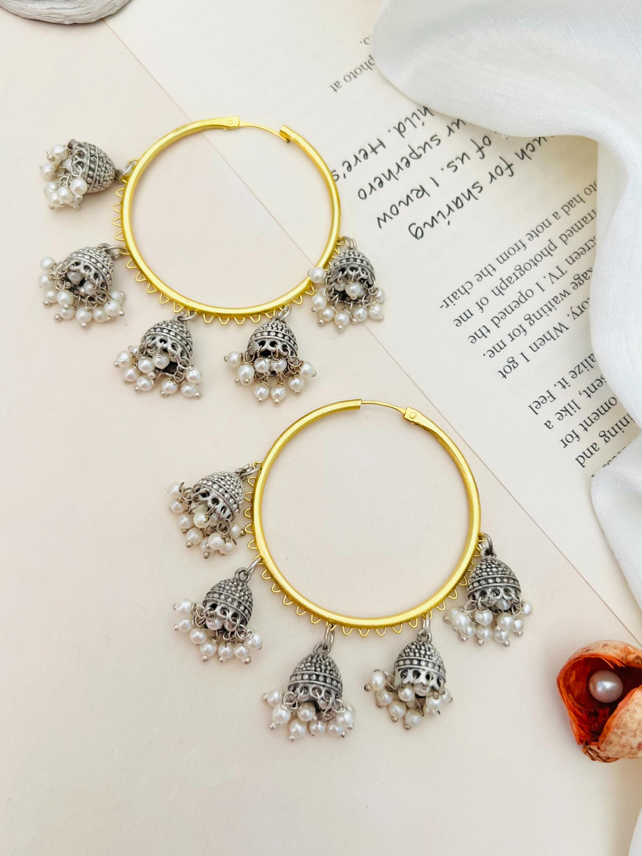 Classic Gold Plated Bali Earring with intricate silver jhumka and white pearl details by Abdesignsjewellery