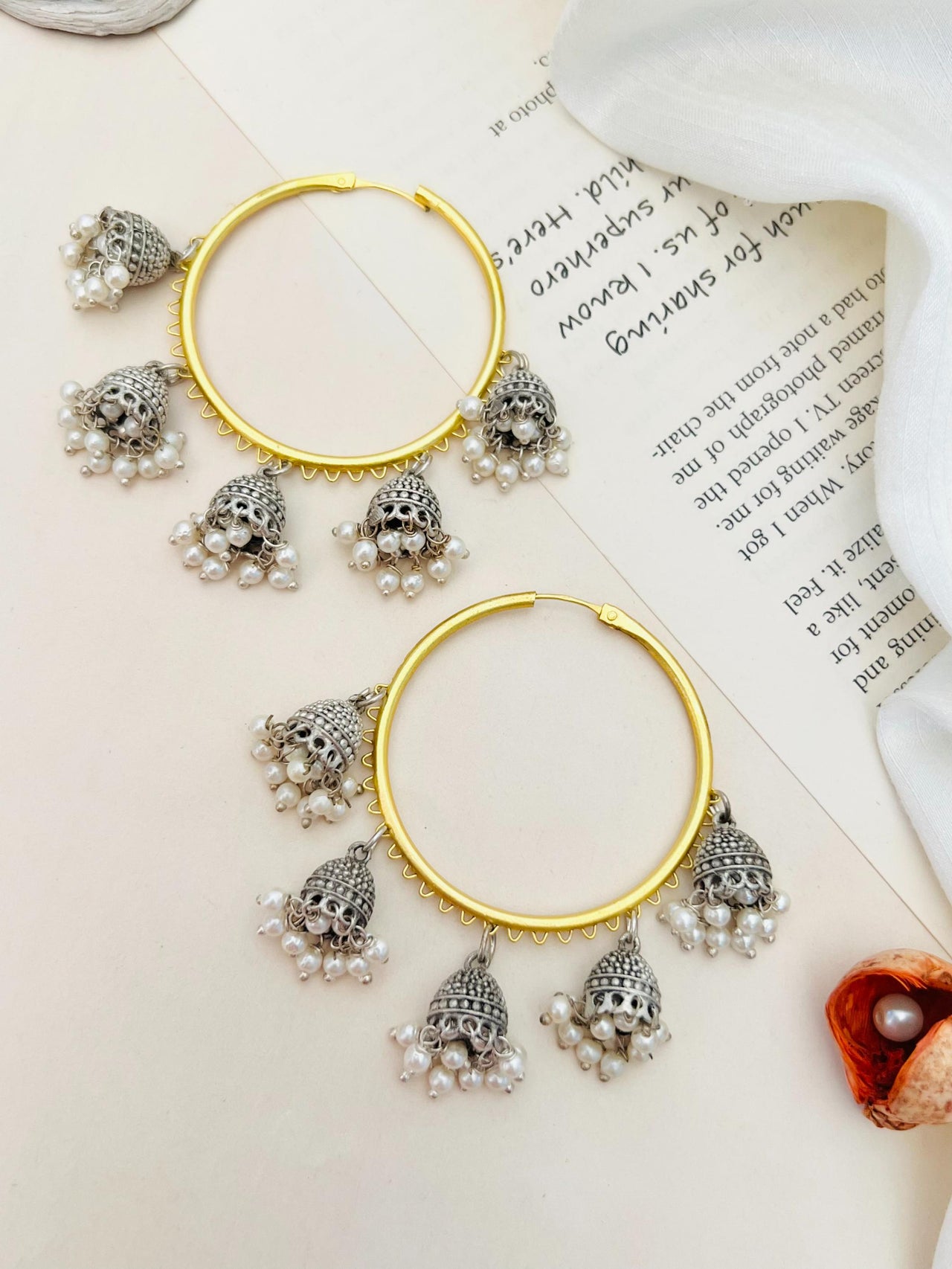 Classic Gold Plated Bali Earring with intricate silver jhumka and white pearl details by Abdesignsjewellery
