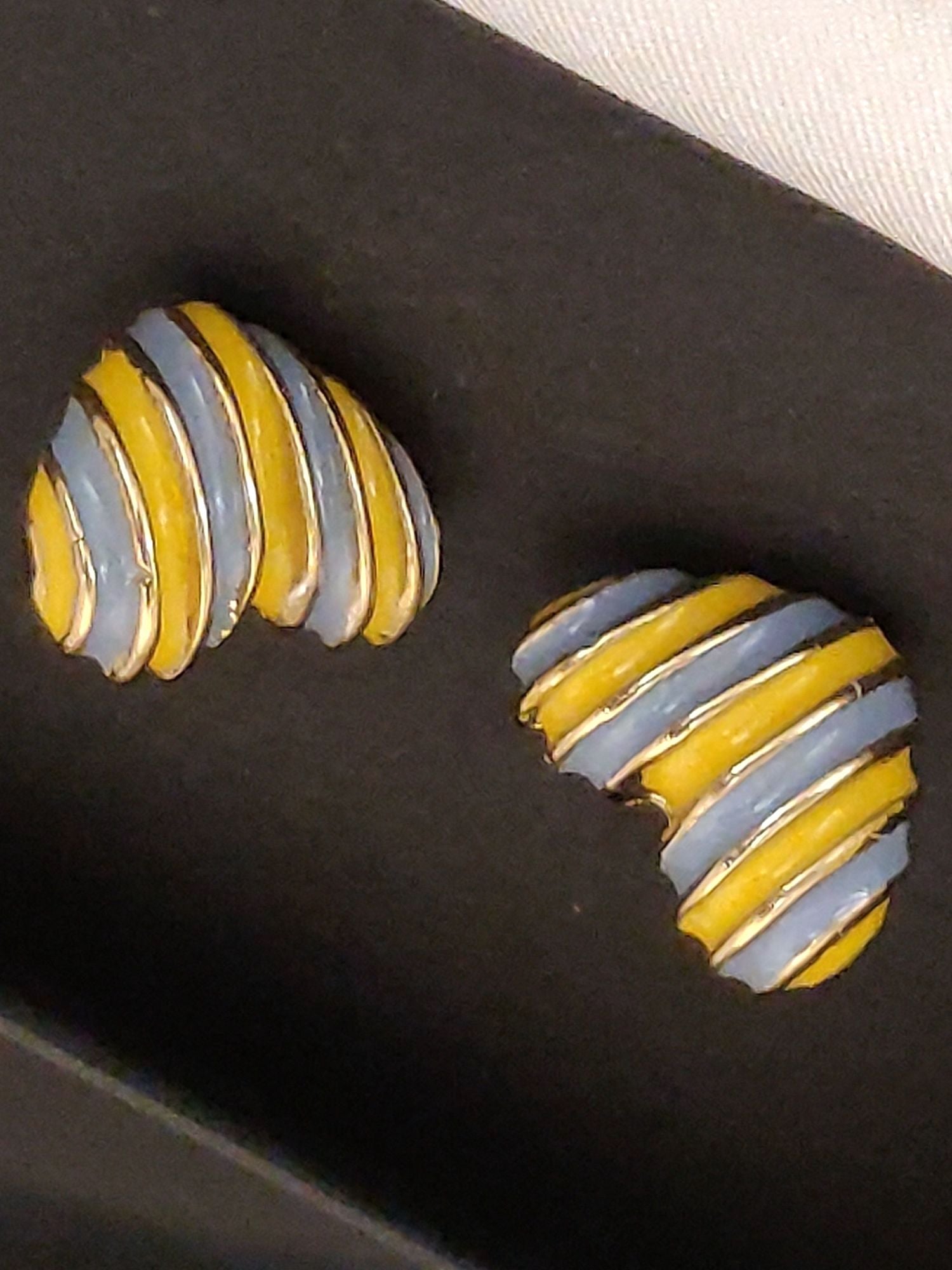 Colourful Gold Plated Heart Earrings with Blue and Yellow Stripes for Stylish Accessories
