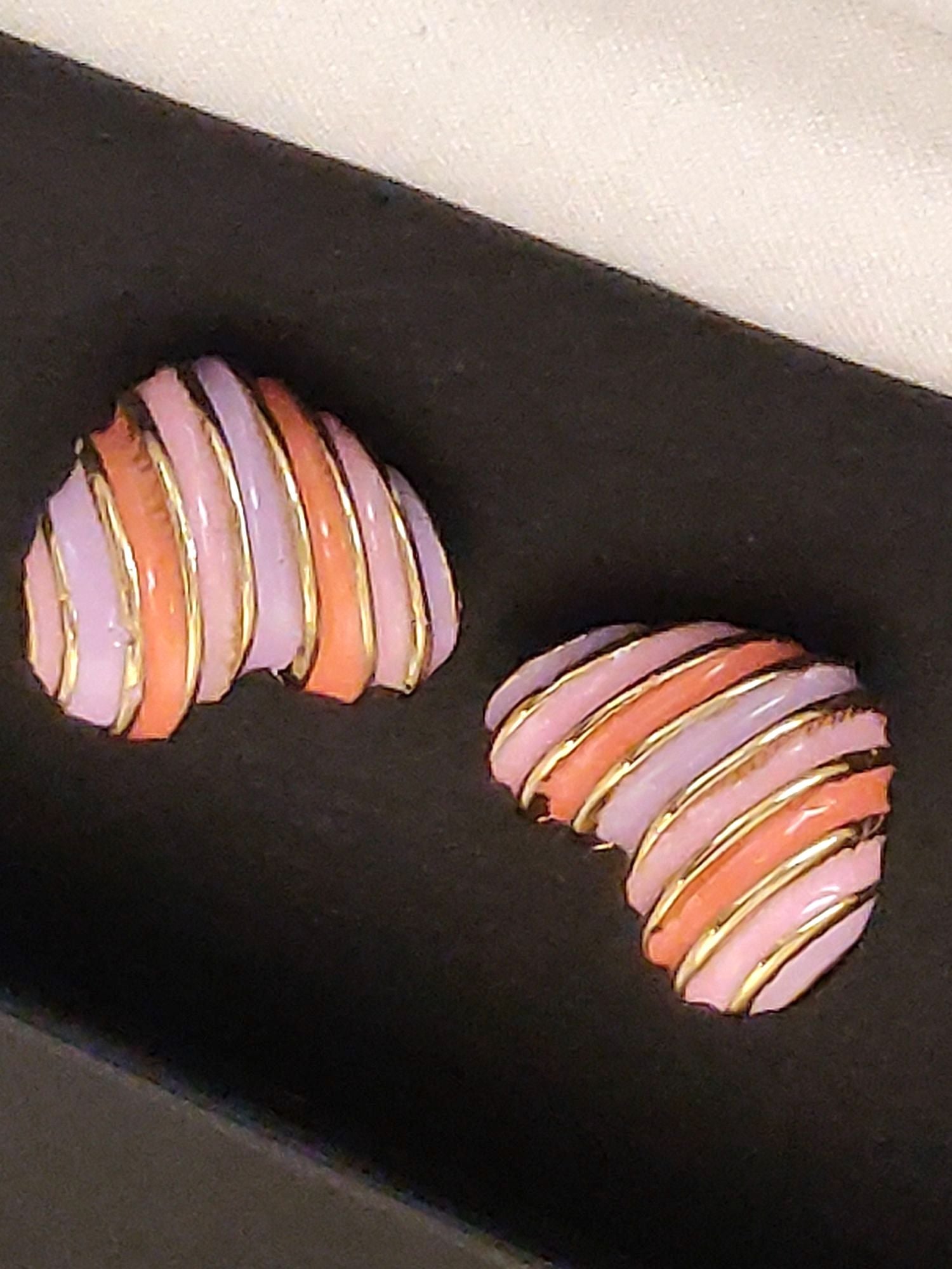 Colourful Gold Plated Heart Earring with Striped Design in Purple and Orange Shades